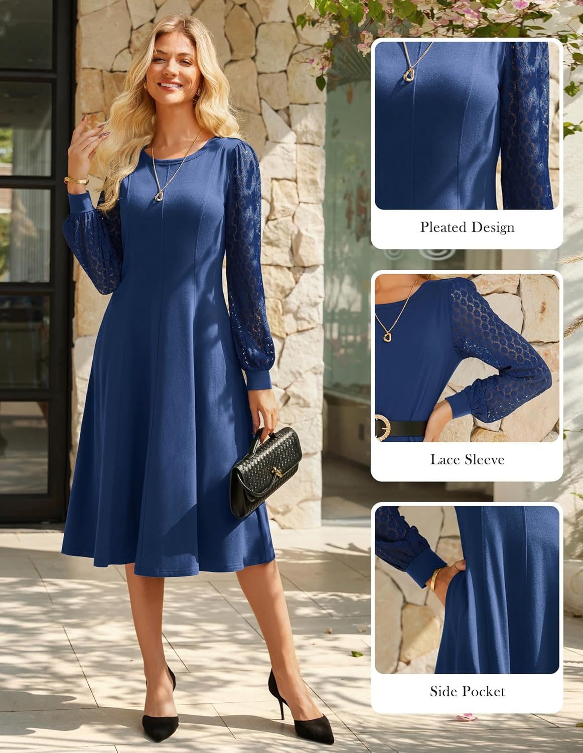 GRACE KARIN Women's 2025 Casual Long Lace Sleeve Dresses, Summer Flowy Crewneck A Line Plain Midi Dress with Pockets - Image 4