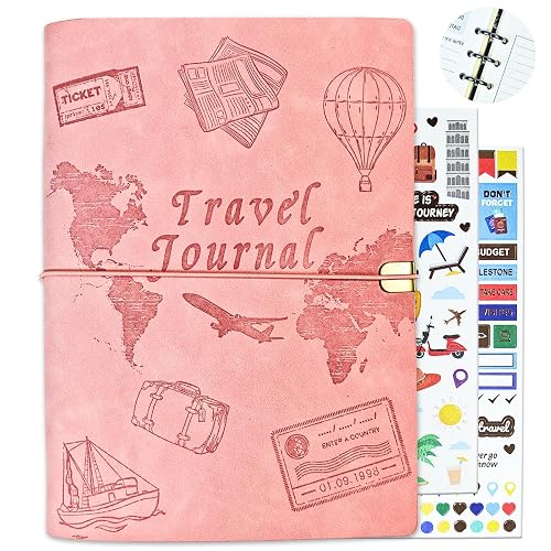 Tolivip Travel Journal for Women Men and Couples, Leather Travel Notebook with Prompts, Travel Memory Book & Adventure Book (Pink)