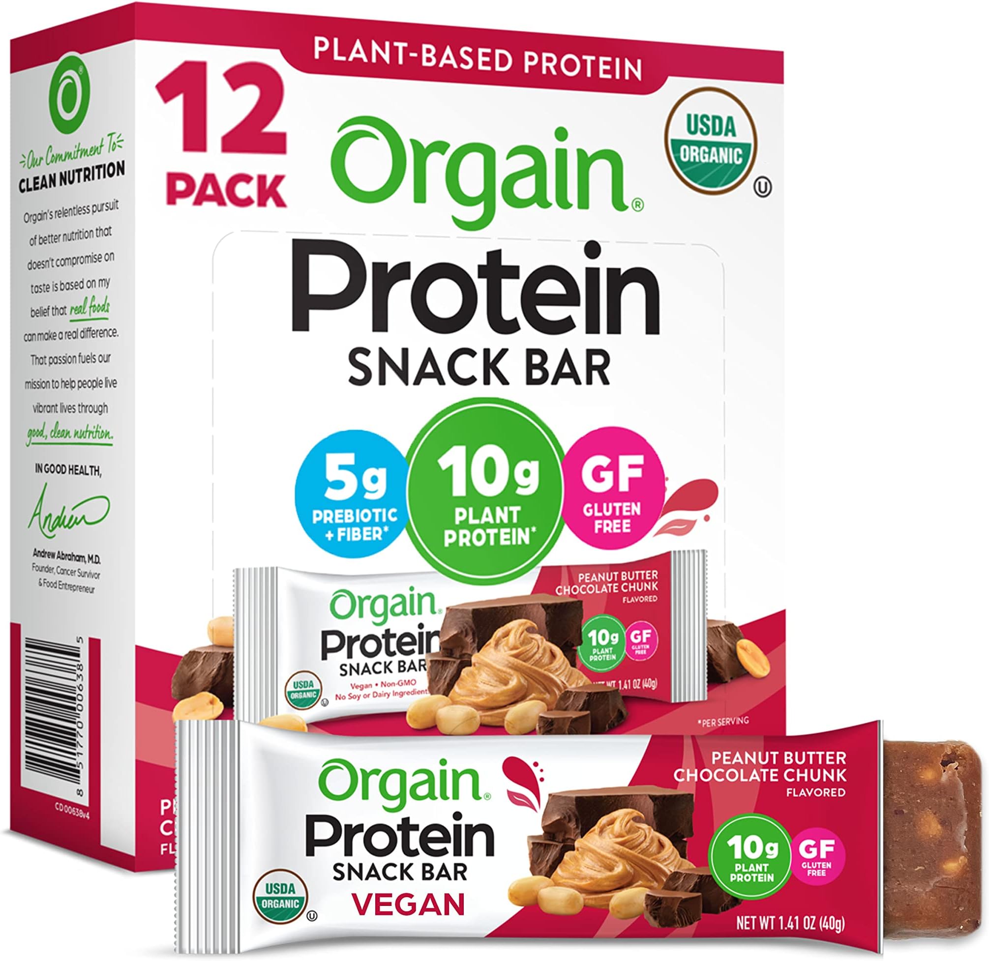 Organic Vegan Protein Bars, Peanut Butter Chocolate Chunk - 10g Plant Based Protein, Low Calorie Healthy Snacks, No Lactose or Soy Ingredients, Gluten Free, Non-GMO - 1.41 Oz (Pack of 12)