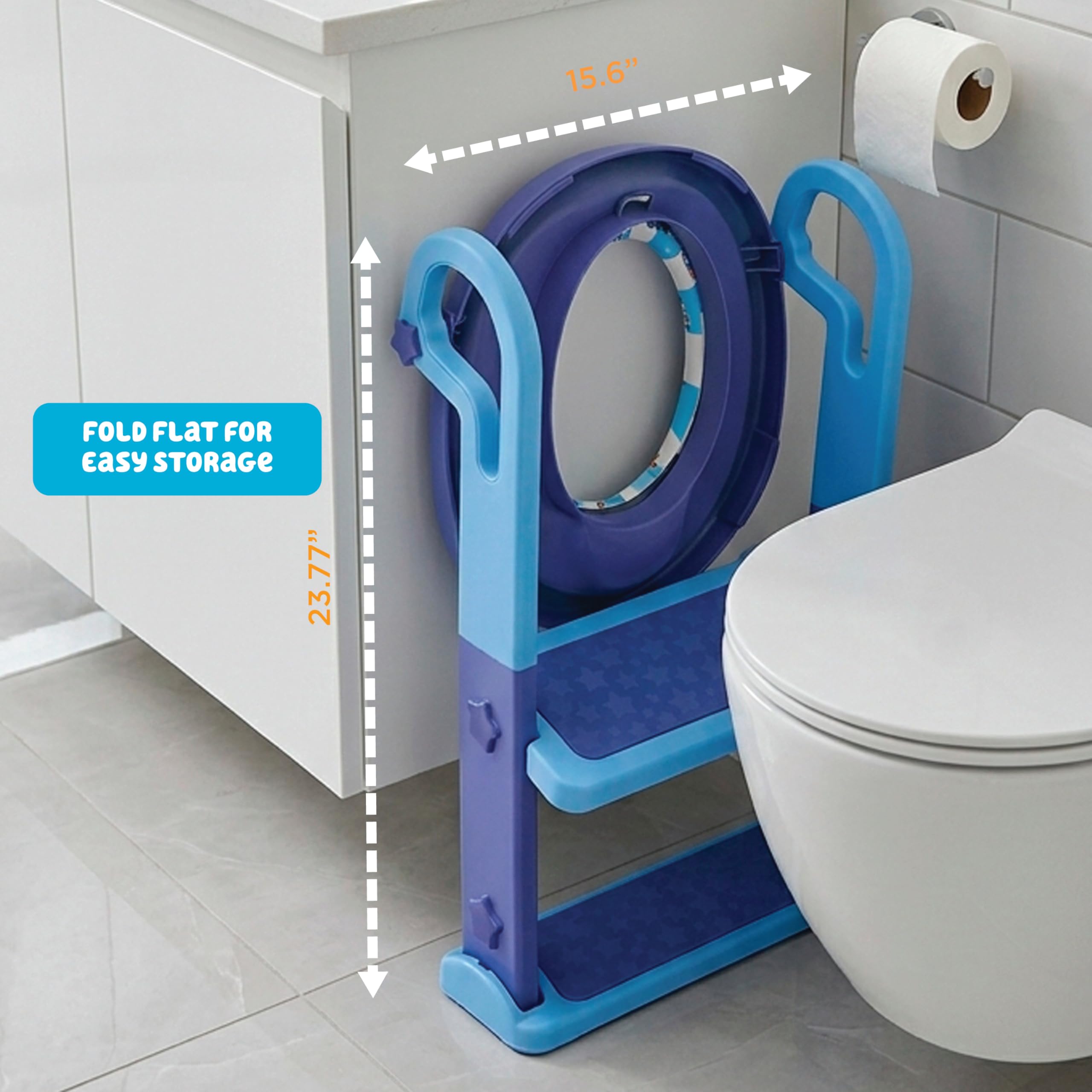 Bluey Step & Sit Töpfchentrainer; sichere Leiter für kindersichere Kletterungen zum Töpfchen; lustige blaue Bilder auf gepolstertem Töpfchensitz; verstellbare Leiterhöhe; abnehmbarer Sitz zur