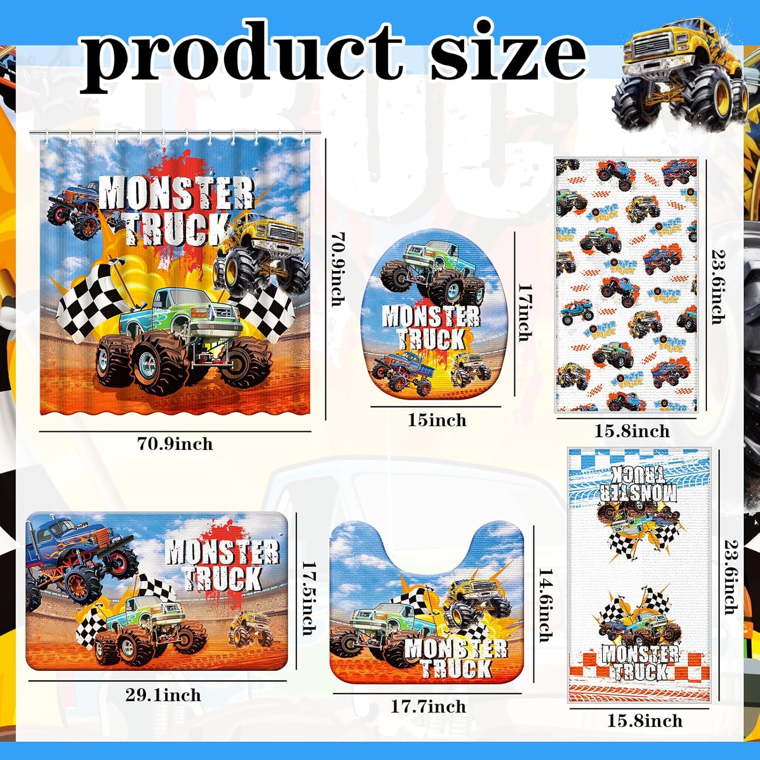 Nuanchu 6 Pcs Shower Curtain Set with Rug Monster Truck Bathroom Sets with Shower Curtain Bath Mat U Shaped Mat Toilet Lid Cover 2 Bath Towels and 12 Hooks Monster Truck Bathroom Decor