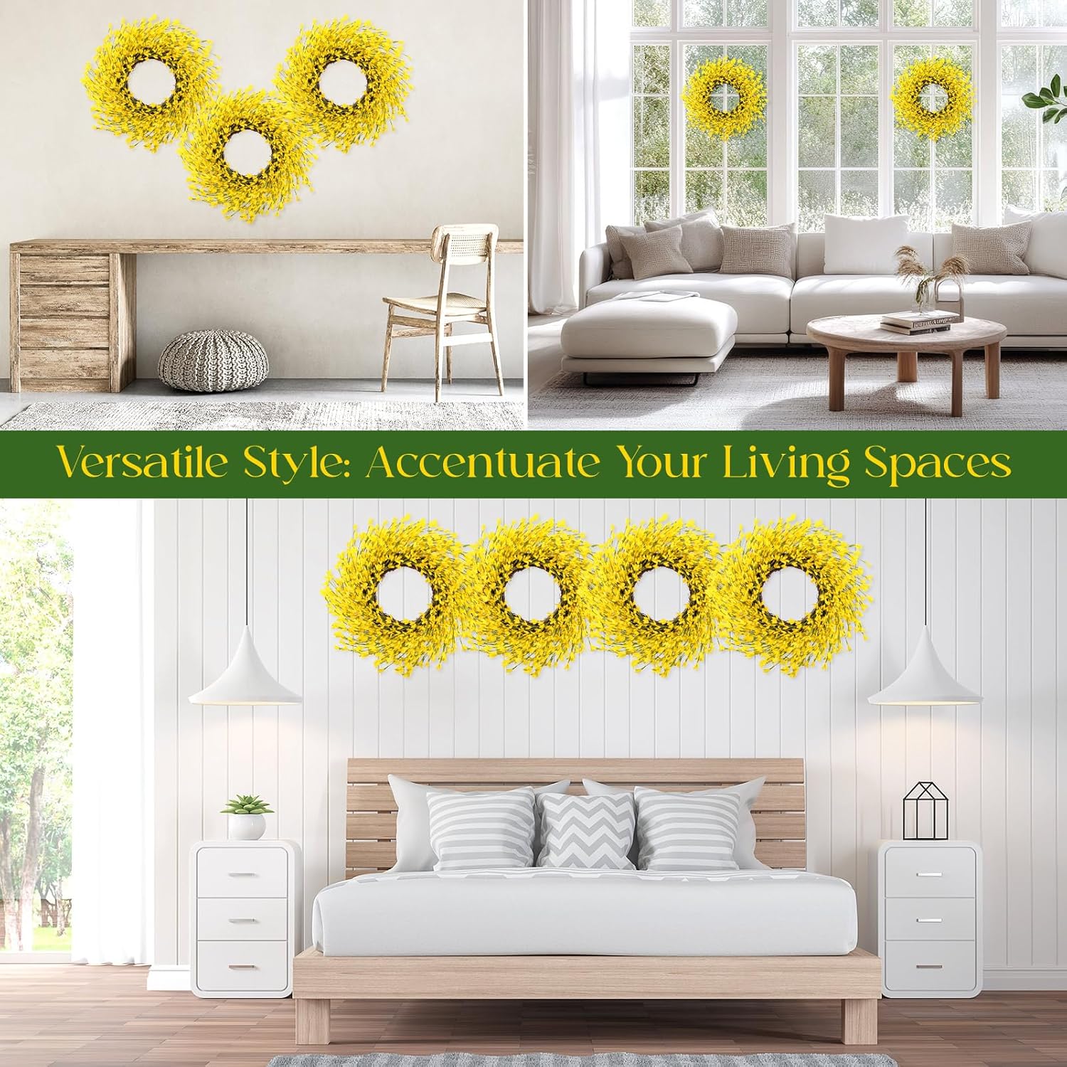 XunYee 4 Pcs 14 Inch Forsythia Wreath for Front Door Artificial Yellow Spring Summer Wreath Farmhouse Rustic Porch Decor for Easter, Wedding and Home Wall Decor
