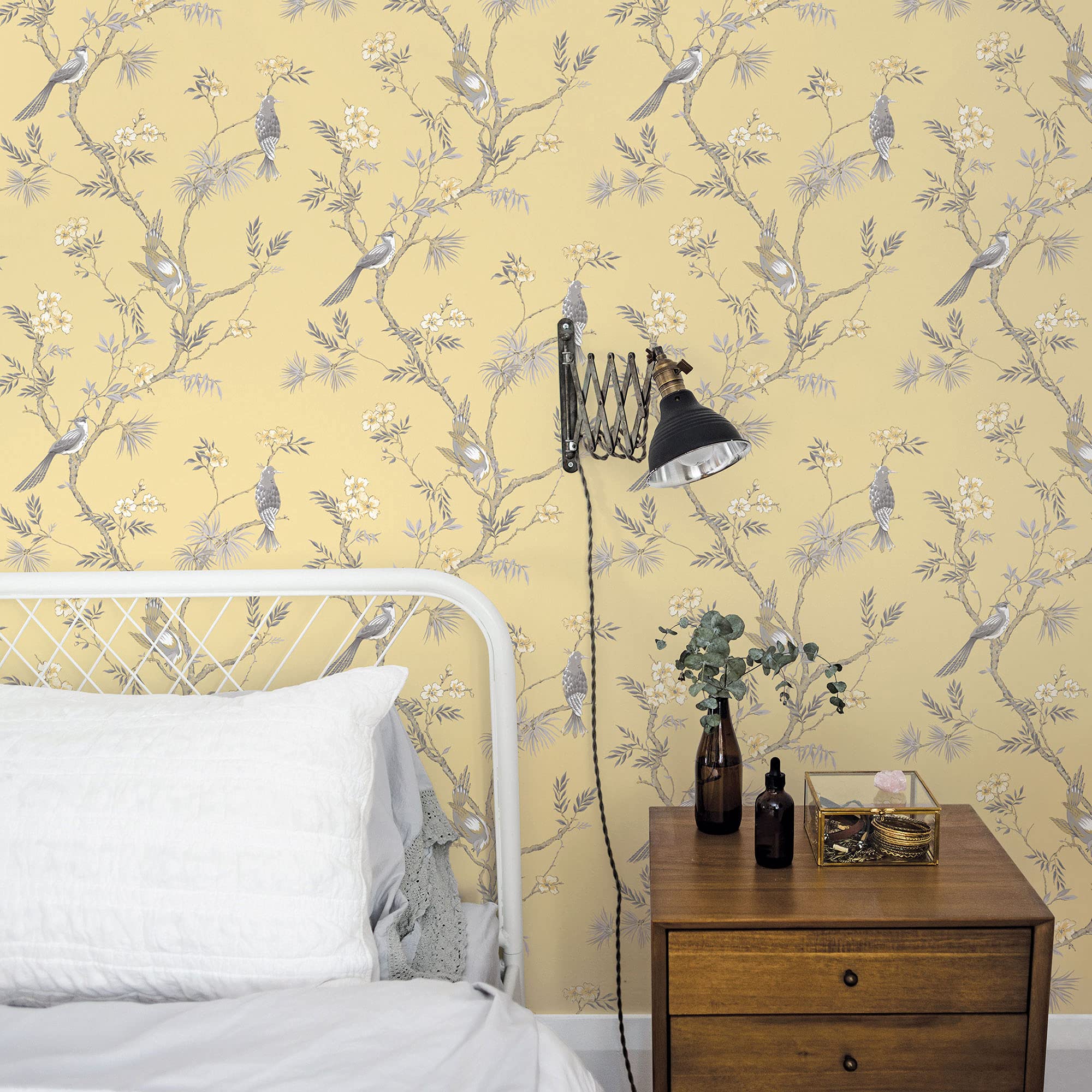 Galerie G78494 Secret Garden Classic Bird Trail Wallpaper, Yellow/Grey, 10m x 53cm - Image 2