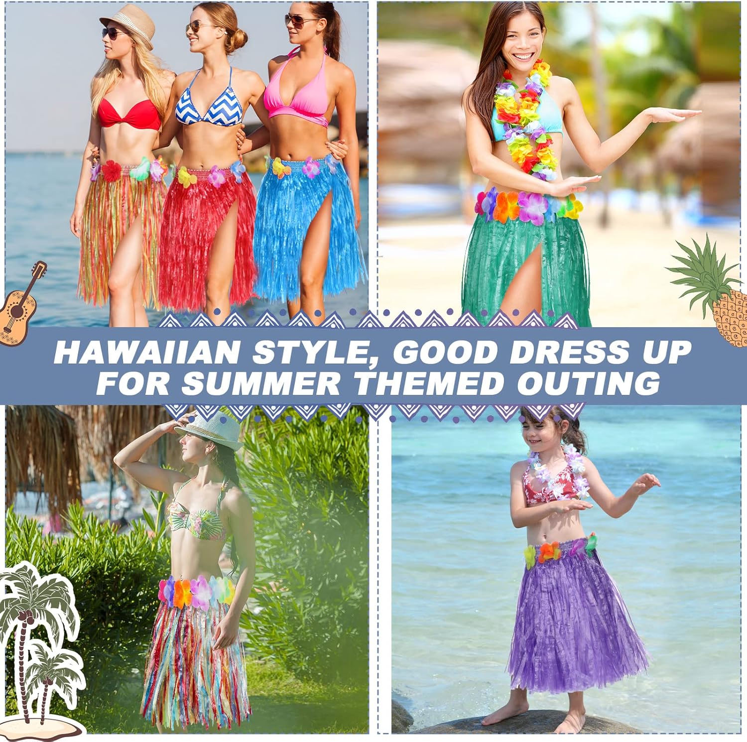 Vicenpal 50 Pieces Hawaiian Hula Skirts Plastic Grass Skirts for Kids Colorful Dance Luau Party Favor Tropical Hawaiian Party Summer Decorations Supplies Beach Vacation Costume Multicolor