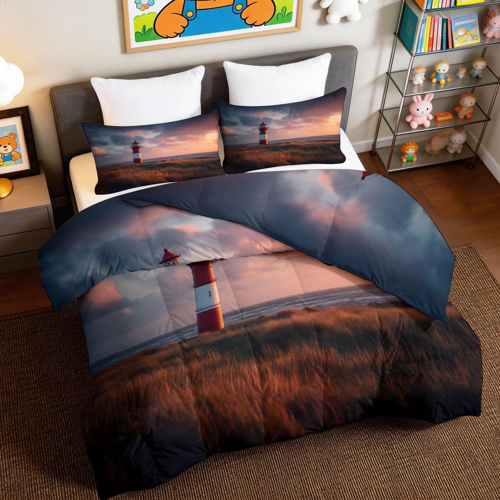 Edredón nórdico sin funda para refrescar tu dormitorio con diseño de faro y pradera natural azul