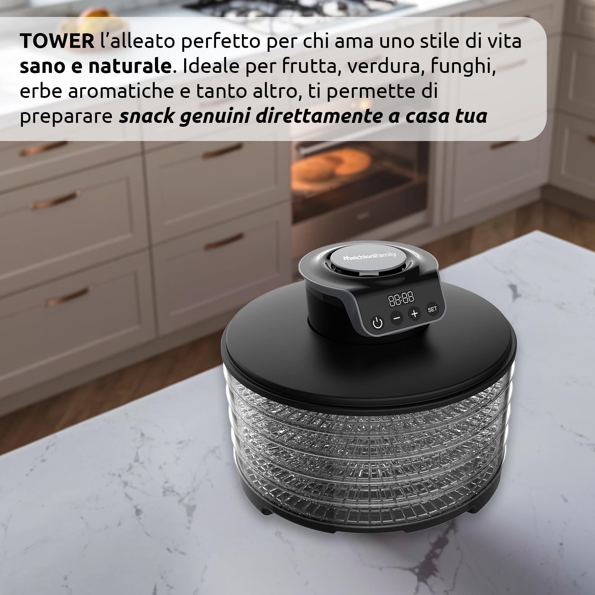Melchioni Family | Essiccatore digitale TOWER, 5 ripiani regolabili, essiccazione di frutta, verdura, funghi 250W Alimentazione: 220-240V ~ 50/60Hz