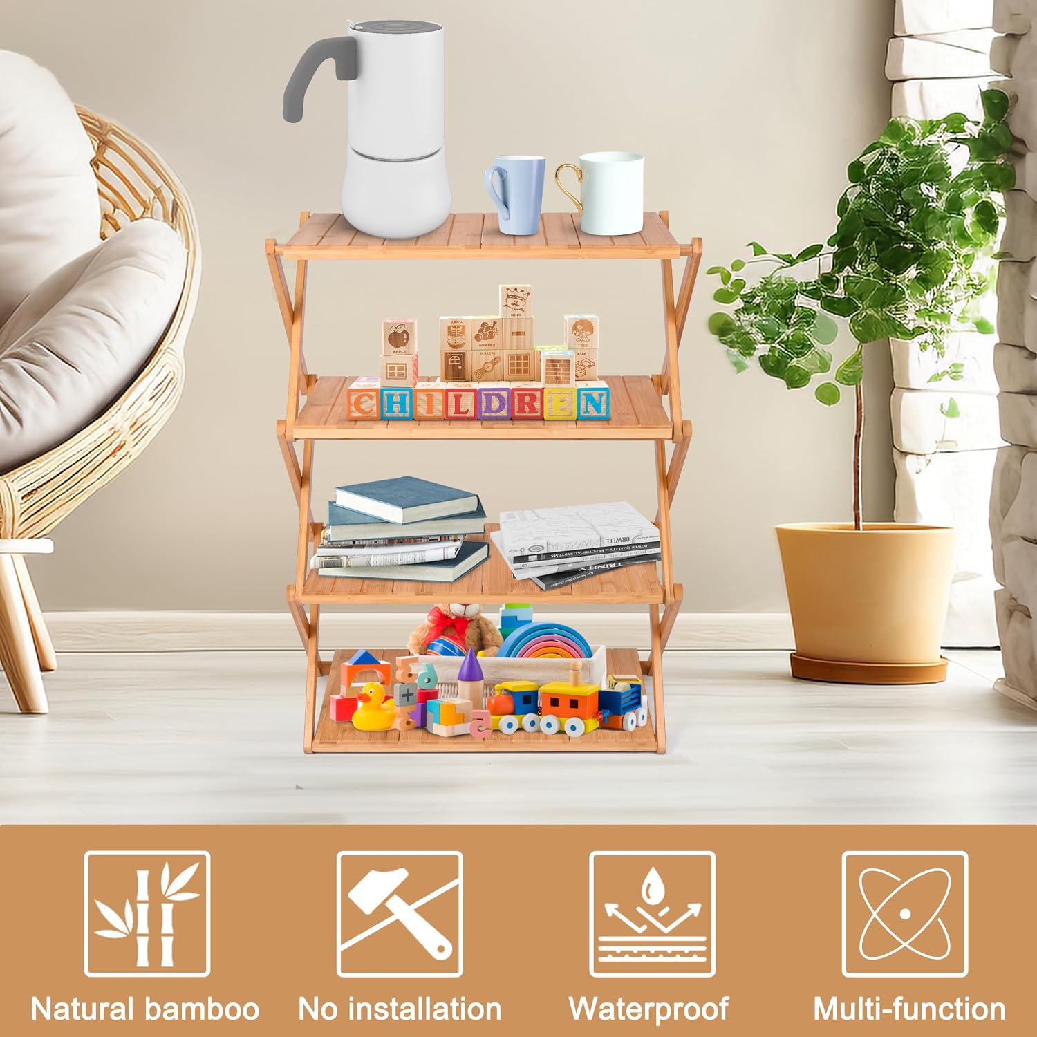 4 Tier Plant Stand, Bamboo Plant Stand for Indoor Outdoor Plants Flower, Modern Plant Stand for Multiple Plants