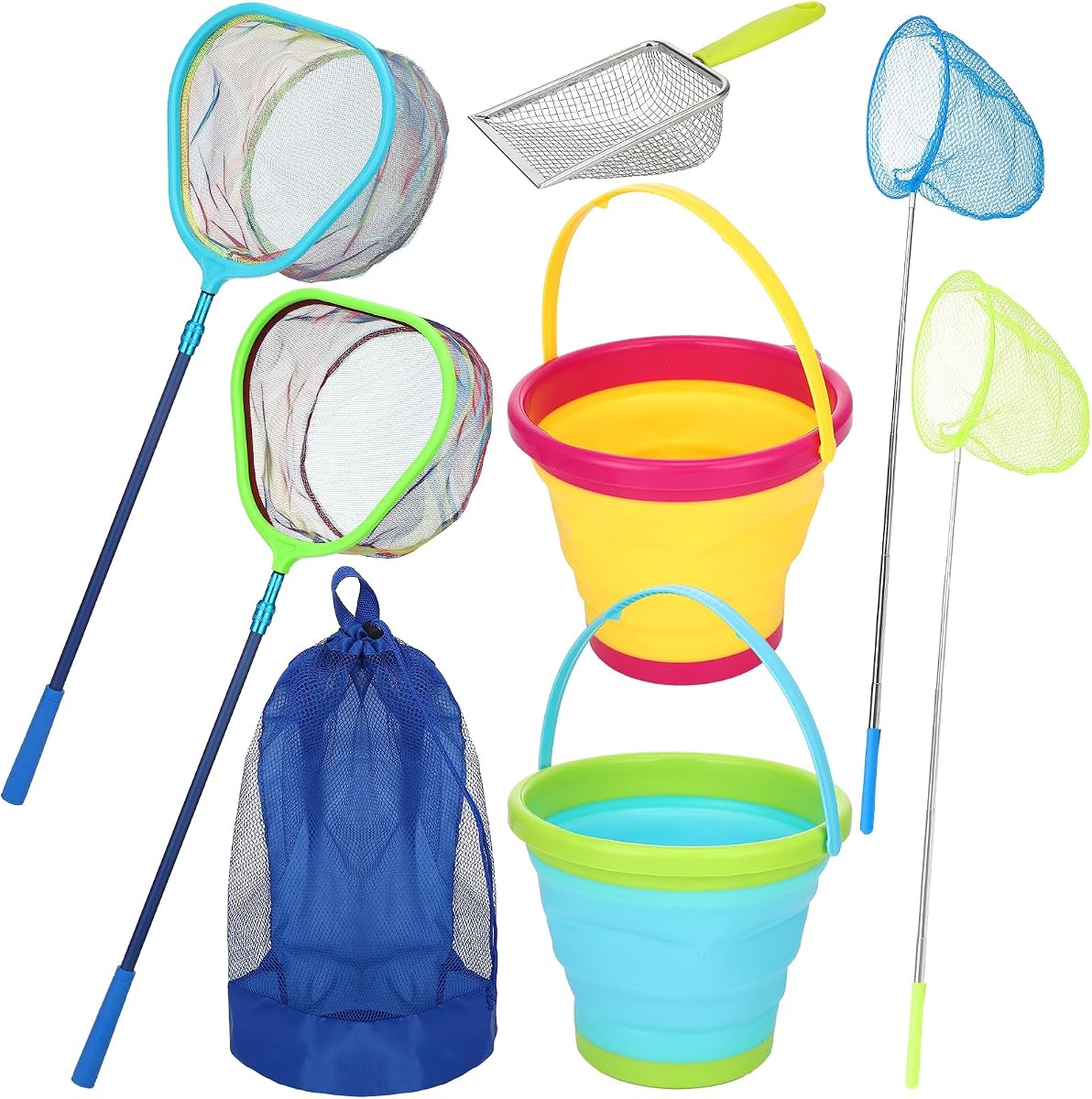 2 Pack Telescopic Kids Fishing Net with Handle Set | Collapsible Bucket Sand Pail, Stainless Steel Foldable Fishing Net, Small Fishing Butterfly Net, Beach Shovel, Storage Bag