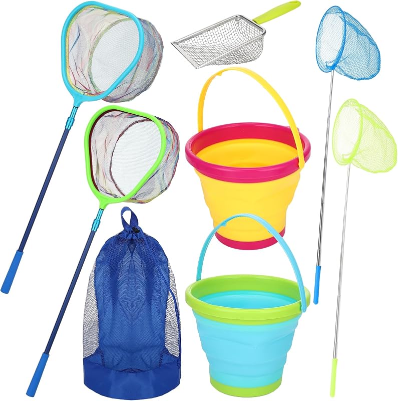 2 Pack Telescopic Kids Fishing Net with Handle Set | Collapsible Bucket Sand Pail, Stainless Steel Foldable Fishing Net, Small Fishing Butterfly Net, Beach Shovel, Storage Bag