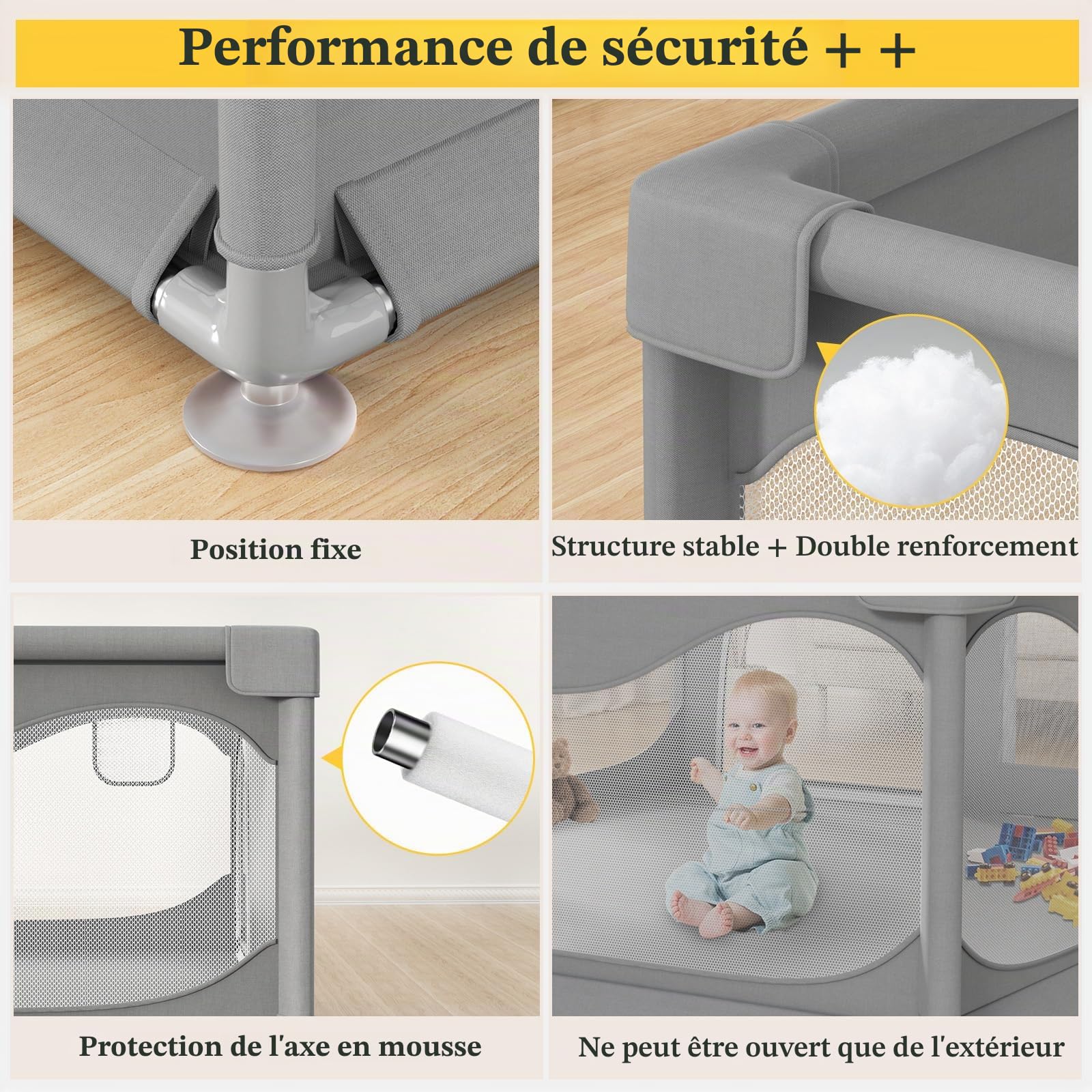 Parc Bébé 200 X 180cm Avec Ventouse, Grande Base Antidérapante, Centre d'Activités pour Enfants - Sans Tapis, Gris
