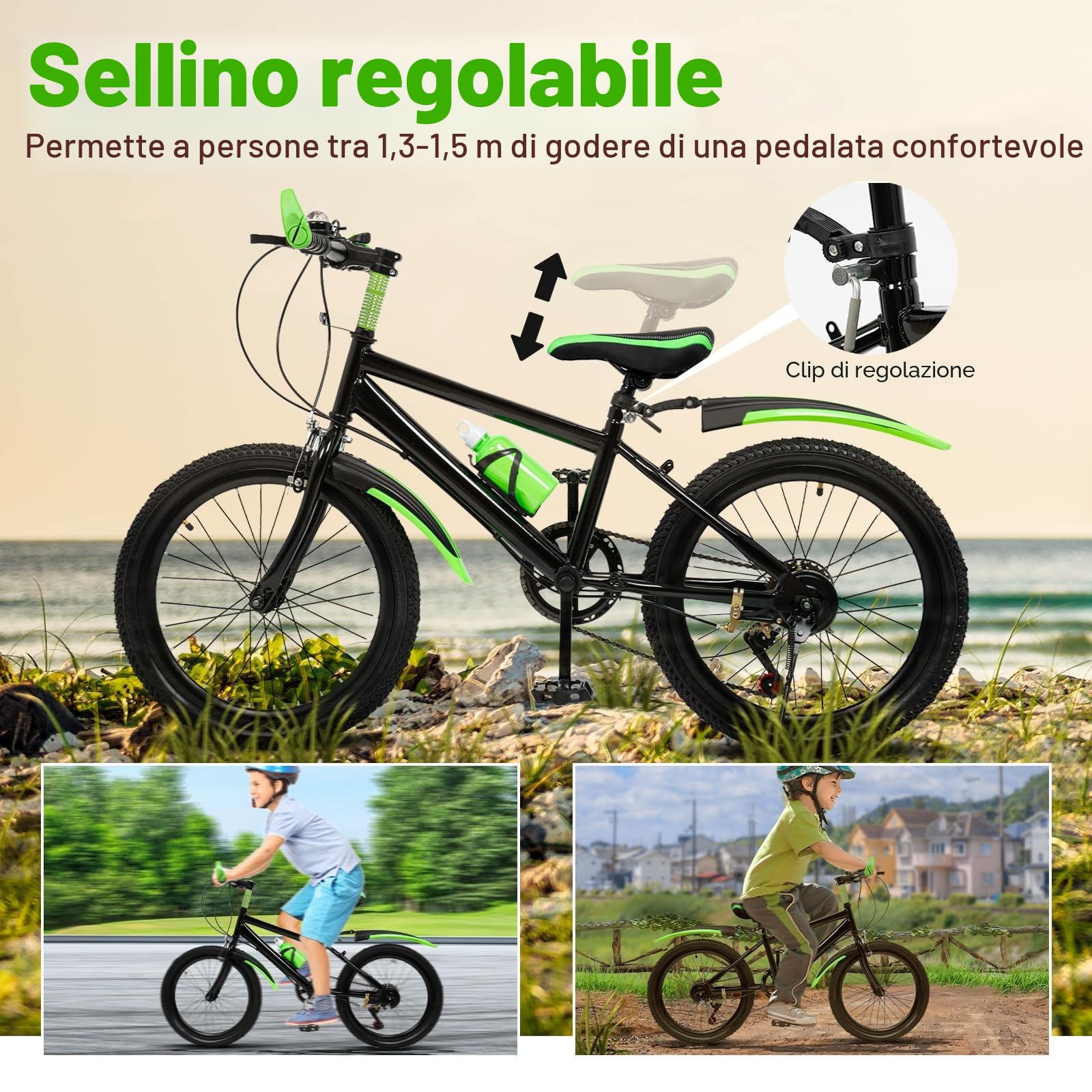 Mountain bike da 20 pollici, bicicletta per bambini con borraccia a 7 marce, con parafanghi anteriori e posteriori e sella regolabile in altezza, adatto per ragazzi e ragazze