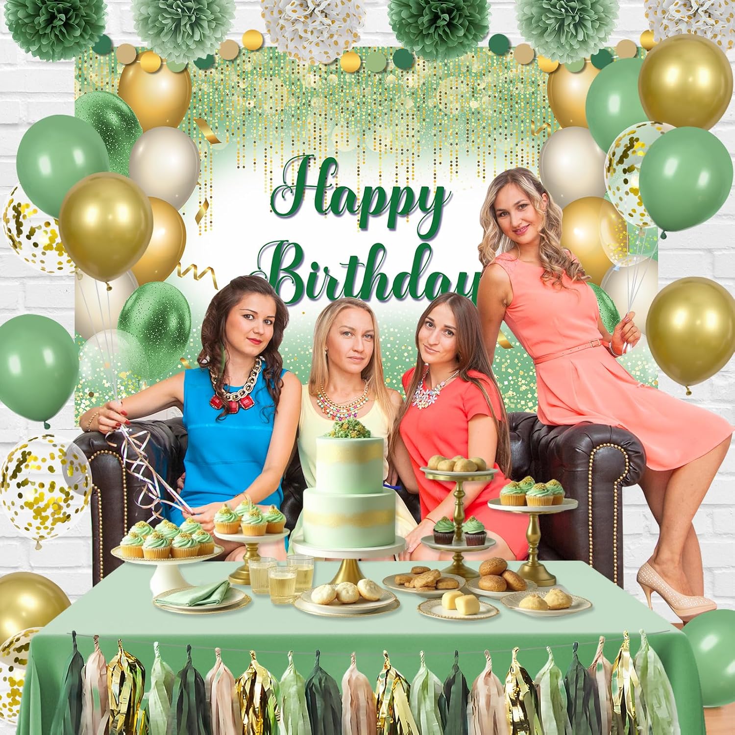 Green Gold Birthday Decorations for Women Girls, St Patricks Day Green Birthday Banner Fringe Curtain Balloons Tissue Paper Pompoms, Paper Tassel, Circle Garland Set for Girls Women Birthday Party ﻿ - Image 4