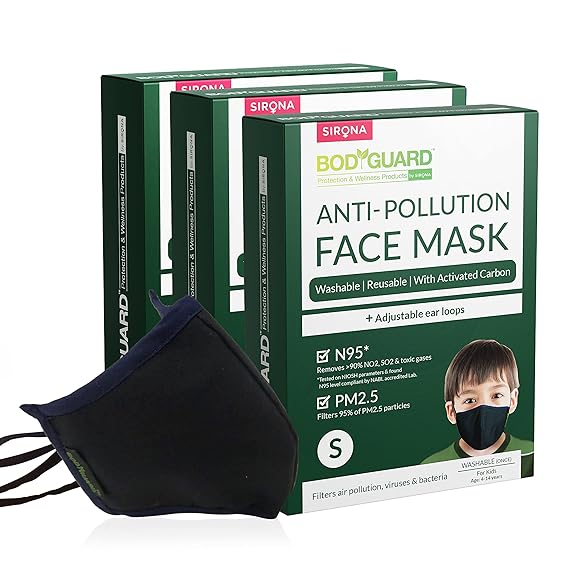Bodyguard Kids Original, Comfortable, Reusable and Washable N95 Mask without Valve - (Black, Small) Pack of 3