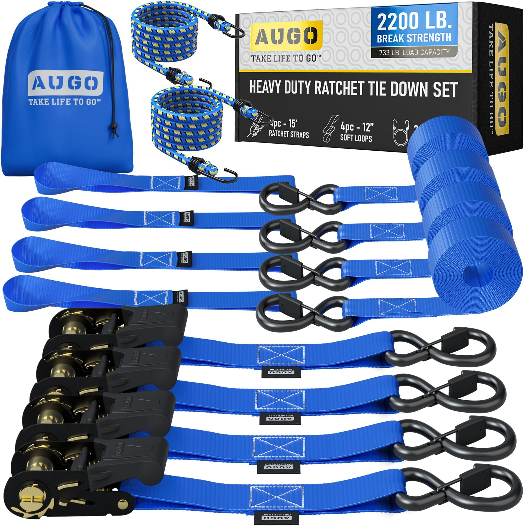 AUGO Ratchet Tie Down Straps –4 PK– 4.5m – 1000 KG Break Strength – Safety Lock S Hooks –for Moving Cargo, Appliances, Lawn Equipment, Motorcycle – Includes 2 Bungee Cords, 4 Soft Loops, Storage Bag