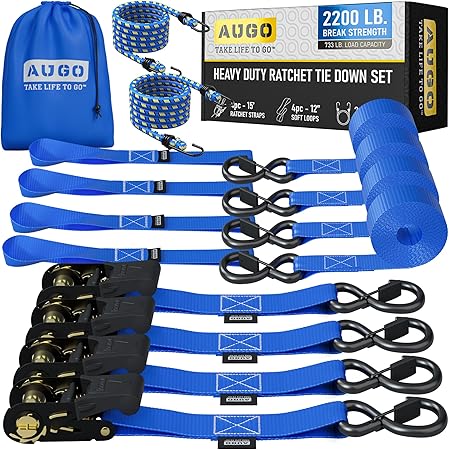 AUGO Ratchet Tie Down Straps –4 PK– 15 FT – 2,200 LB Break Strength – Safety Lock S Hooks –for Moving Cargo, Appliances, Lawn Equipment, Motorcycle – Includes 2 Bungee Cords, 4 Soft Loops, Storage Bag