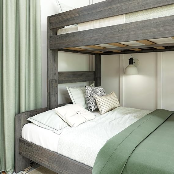 Max & Lily Bunk Bed, Twin-Over-Full Bed Frame For Kids, Solid Wood Bunk Bed for Kids, No Box Spring Needed, Driftwood