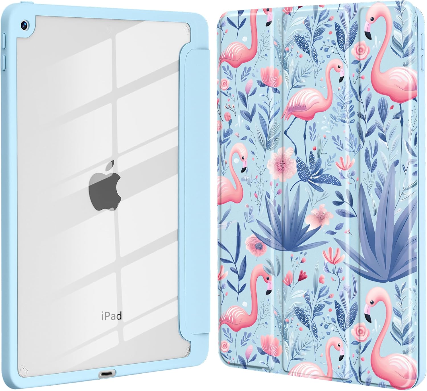Idocolors Cute Flamingo Case for iPad 2022/2025 (10th/11th Gen) 10.9", Clear Hard Back Cover with Pencil Holder, Tri-fold Stand Full Wrap Protective Case for Women Girls