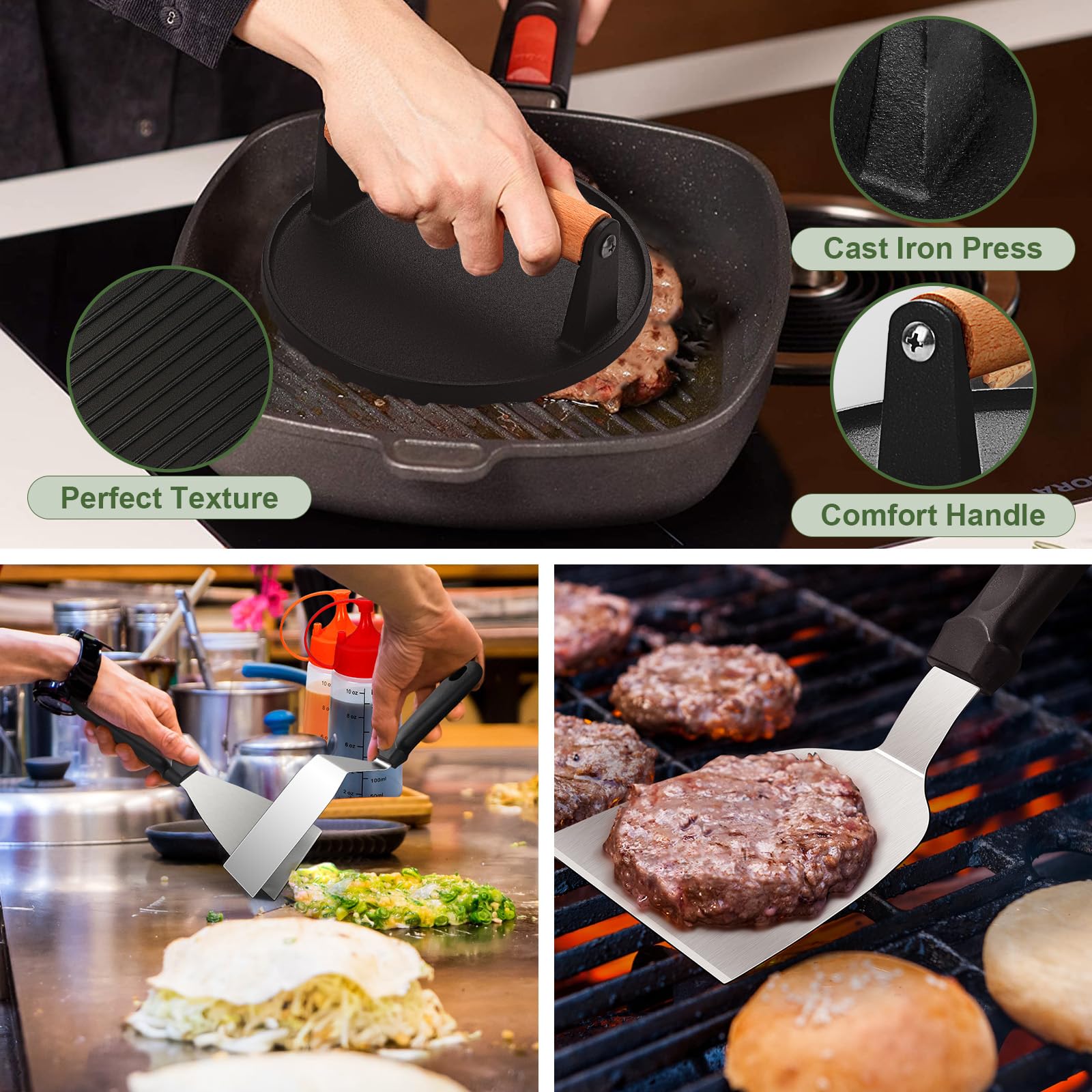 237-teiliges Grillzubehör-Set für Blackstone, perfektes Grillzubehör mit flacher Oberseite, Grillspatel-Set mit vergrößerten Spateln, Backabdeckung, Burgerpresse Patty Maker, Schaber für Outdoor-Grill