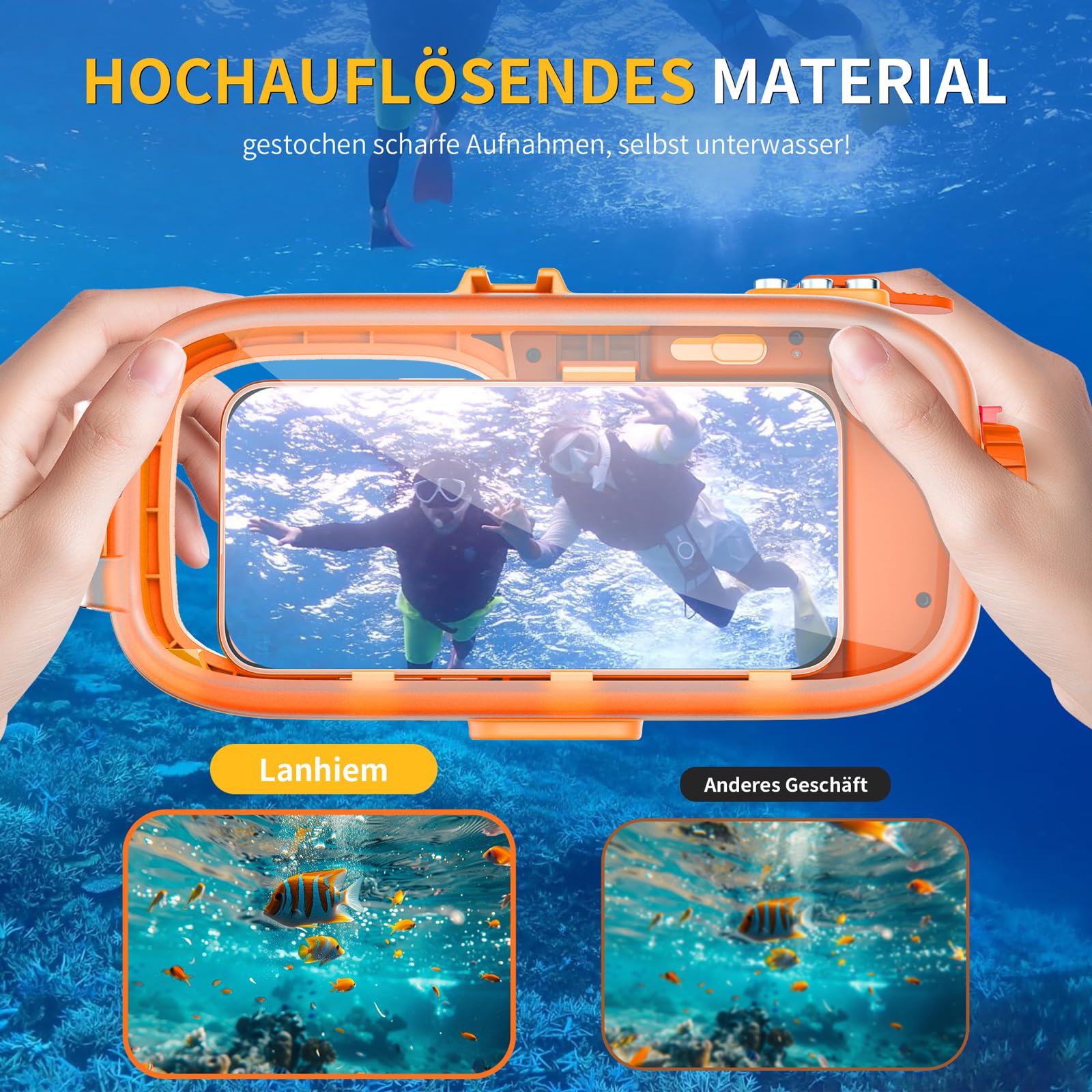 Lanhiem wasserdichte Handyhülle 15M Universelle IPX8 Tauchen Professionelle, kompatibel mit Bluetooth, Unterwasser Hülle für iPhone Samsung XiaoMi Redmi Google und Smartphones 4,7–6,9 Zoll, Orange