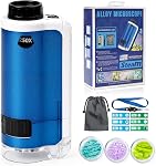 100x-250x Mini Microscope de poche pour enfants, Miniscope portable pour enfants avec lumières LED et 6 Diapositives Specimens, Microscope portatif en alliage pour les filles de garçons, Cadeau surprise pour la journée des enfants (Blue)