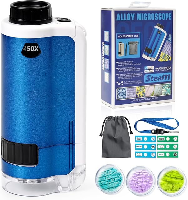 100x-250x Mini Microscope de poche pour enfants, Miniscope portable pour enfants avec lumières LED et 6 Diapositives Specimens, Microscope portatif en alliage pour les filles de garçons, Cadeau surprise pour la journée des enfants (Blue)