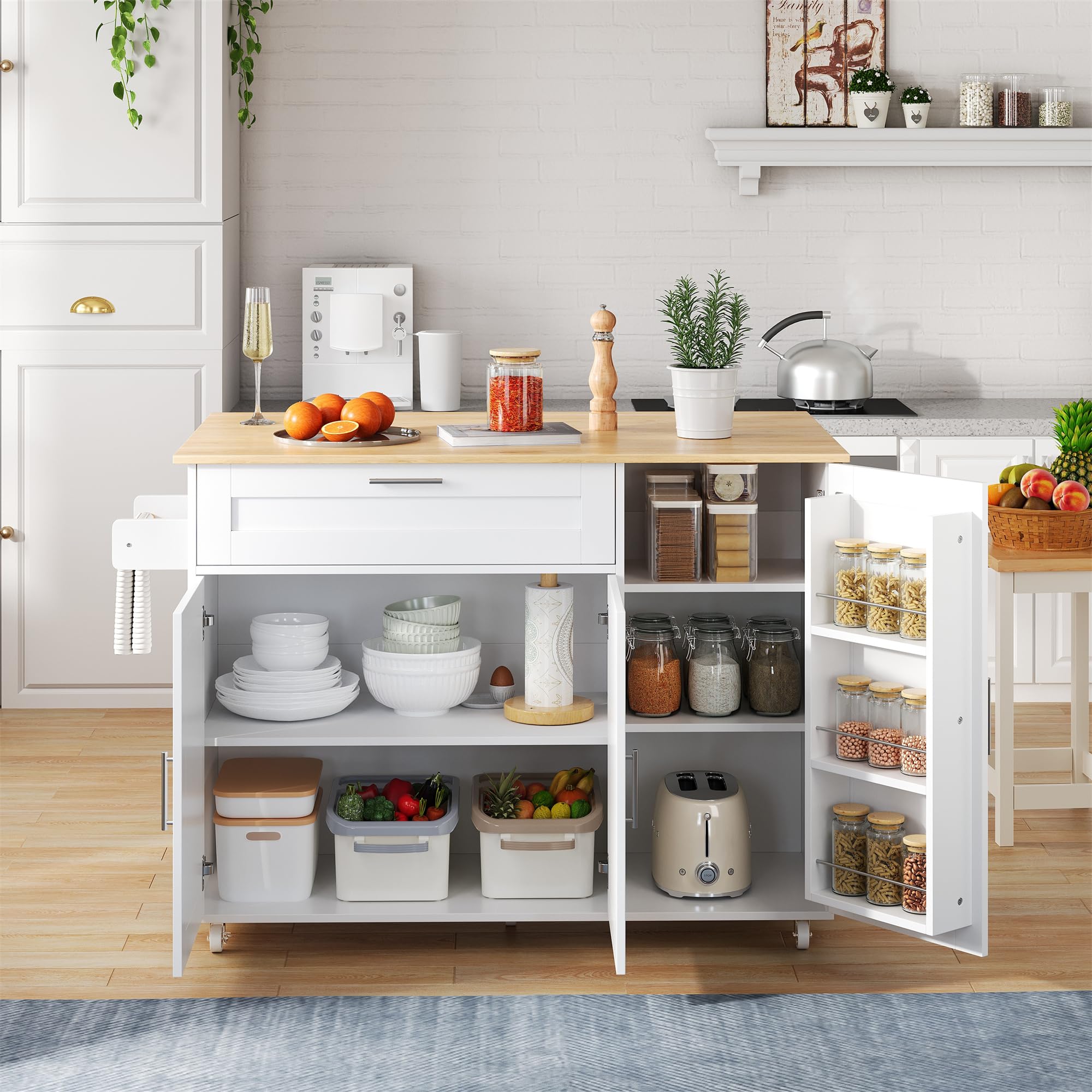 Carrello per isola da cucina con piano di lavoro pieghevole, armadio da cucina su ruote con cassetto e portaspezie e 3 ante, isola da cucina mobile, per cucina e sala da pranzo, 132,5 x 44 (70