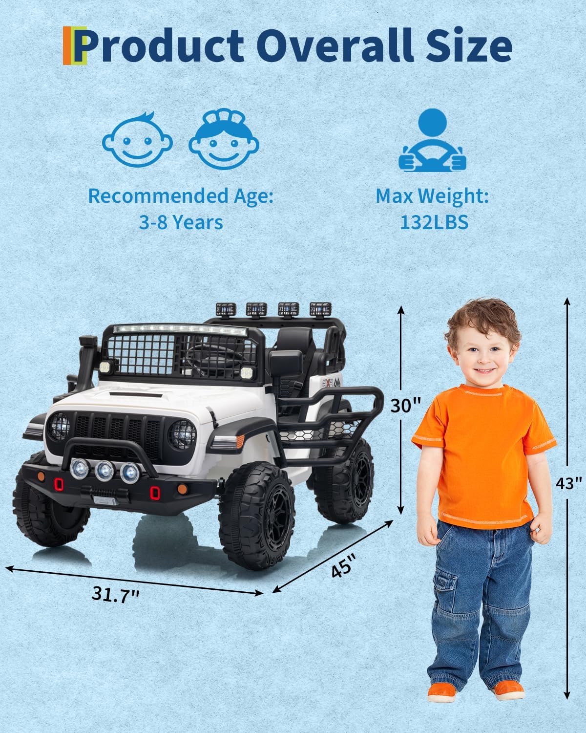 Dimensions and recommended age/weight for Garvee ride-on toy