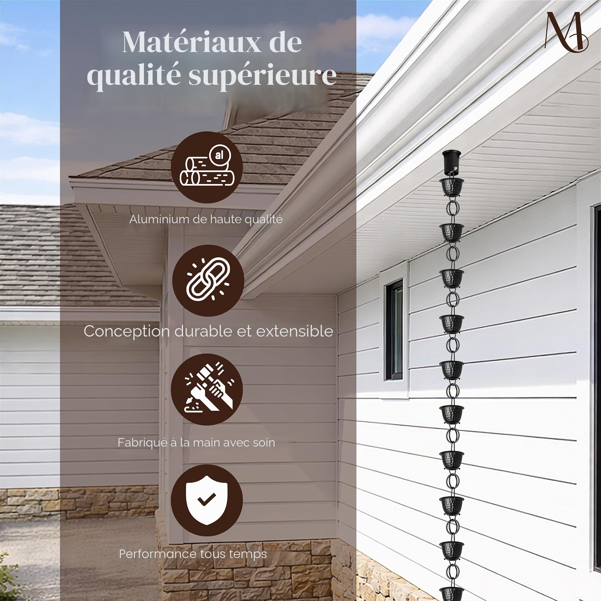 Monarch Rain Chains Chaîne de Pluie décorative en Aluminium martelé avec revêtement en Poudre Noire de 2,6 m pour gouttières, Tuyau de Descente de Rechange en Aluminium Noir
