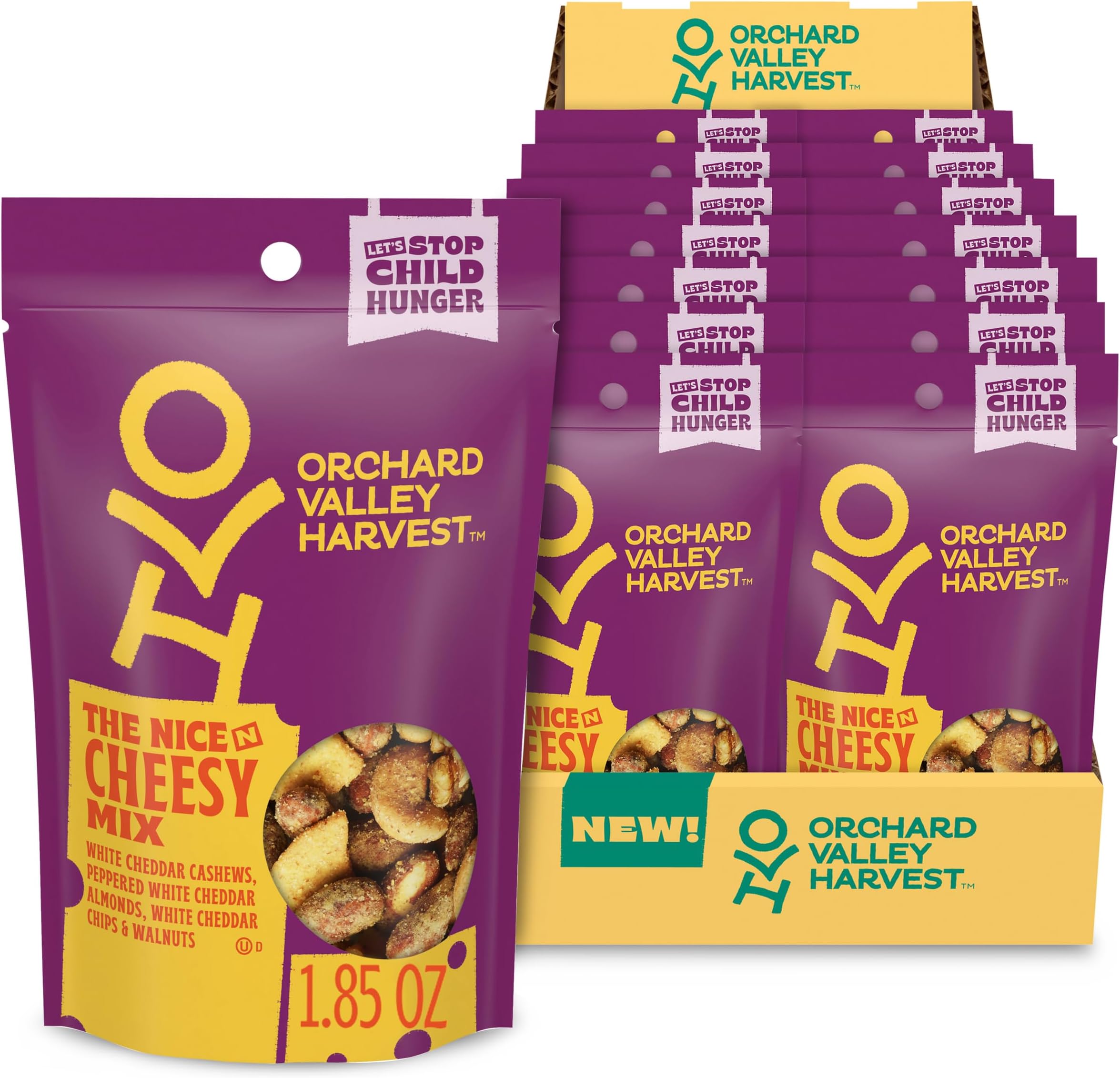 Orchard Valley Harvest Nice N Cheesy Mix, 1.85 oz (Pack of 14), White Cheddar Almonds, Cashews, Chips, Walnuts, Resealable Bag, 6g Of Protein Per Serving, Salty, Snacks for Adults & Kids