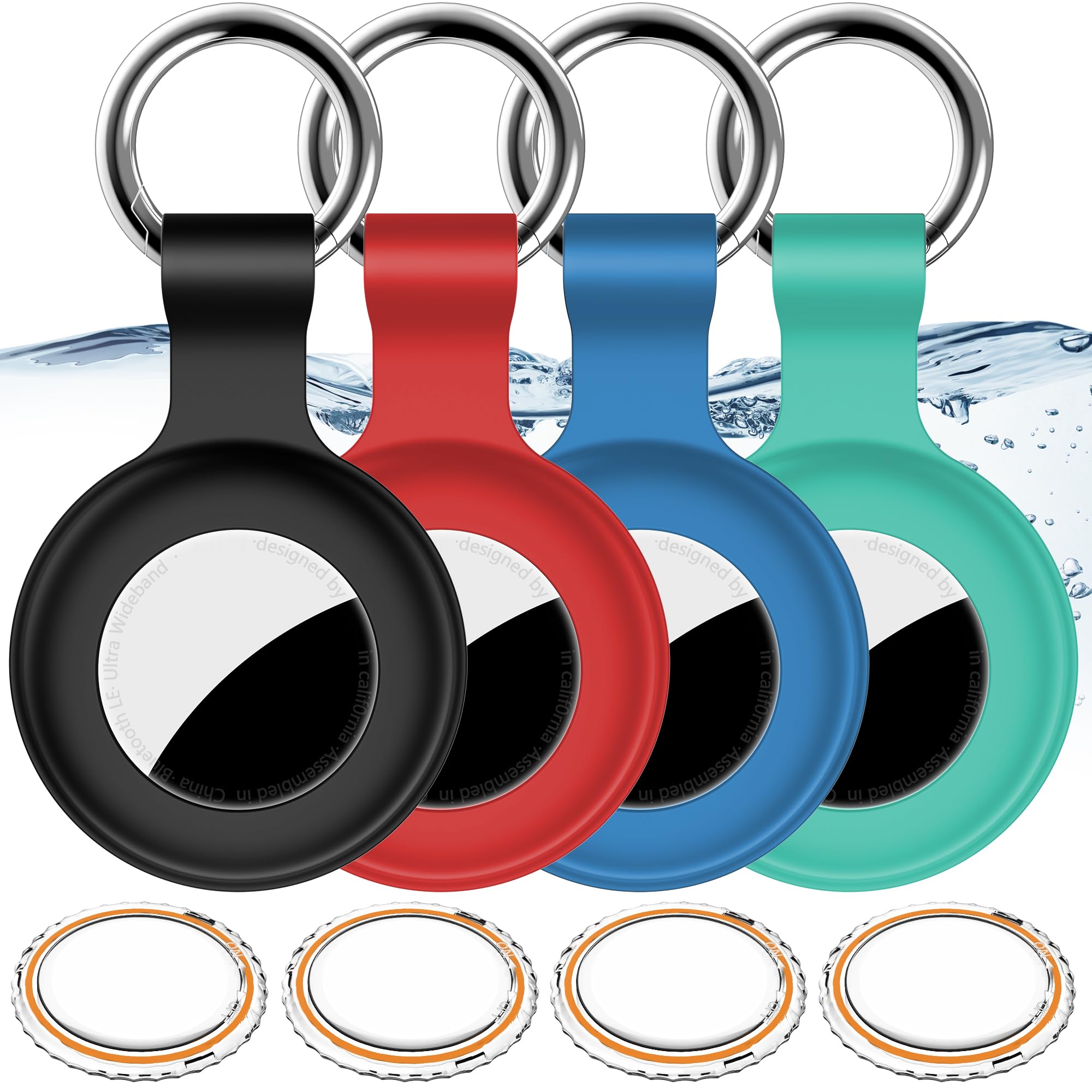 4Pack,Compatible with Airtag Holder Case with Keychain IPX8 Waterproof,Shockproof GPS Tag Tracker Cover [Anti-Scratch] [PC+Silicone] for Item Finders Case for Pets,Kids,Luggages-Black/Blue/Green/RedCarbonfree Certified