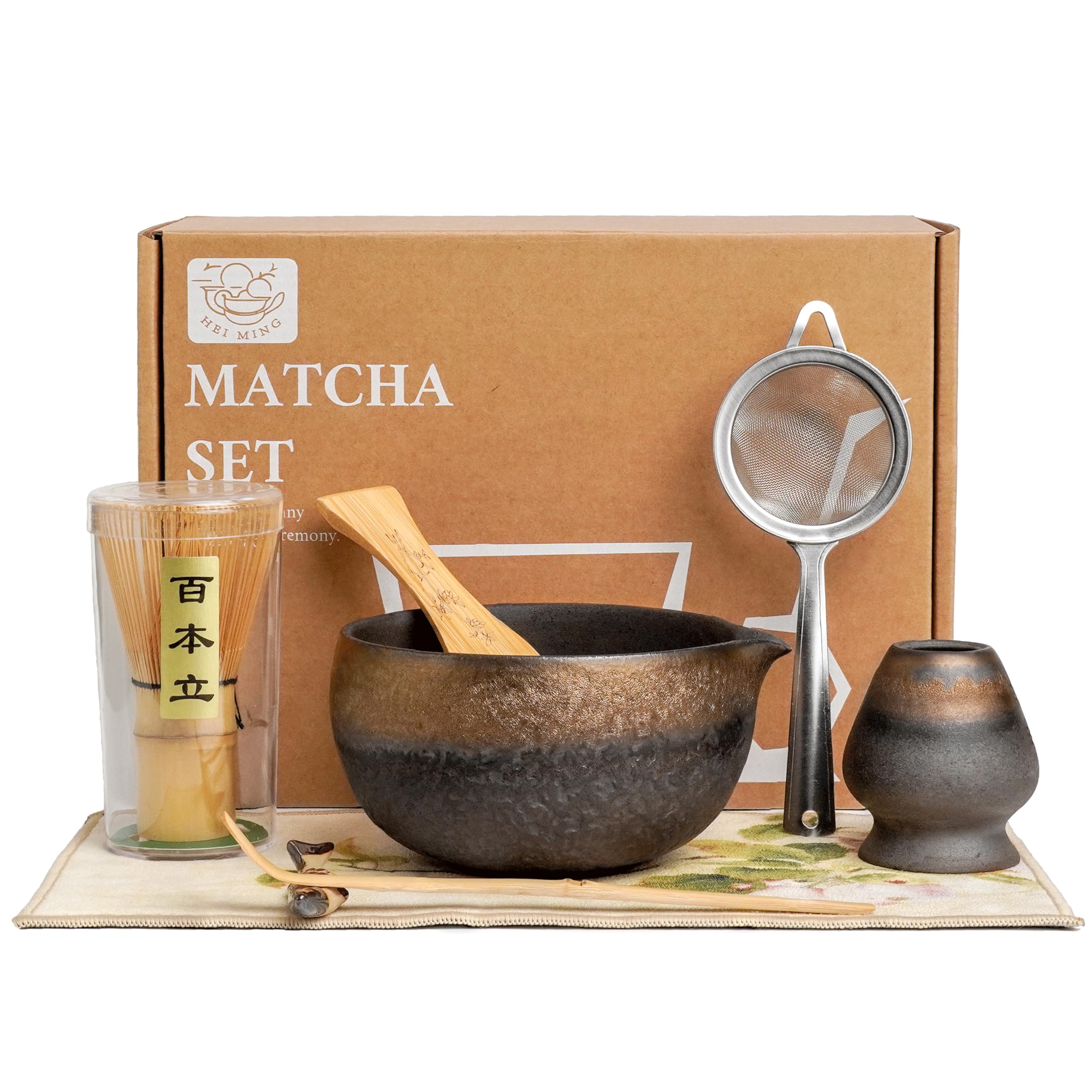 Set Matcha et Bol (8 pièces), Set de Thé Matcha Brun et Fouet en Bambou Artisanal (Chasen) pour Amateurs de Thé