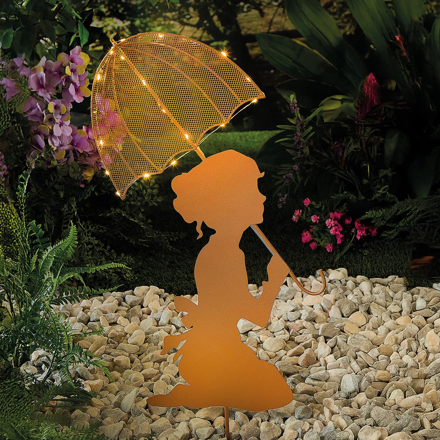 Coopers of Stortford - Girl with Sparkling Lights Umbrella Stake - Rust-Effect Garden Ornament - Warm White LED Lights - Auto Timer 6hrs On/18hrs Off - H60.5 x W32 x D1cm