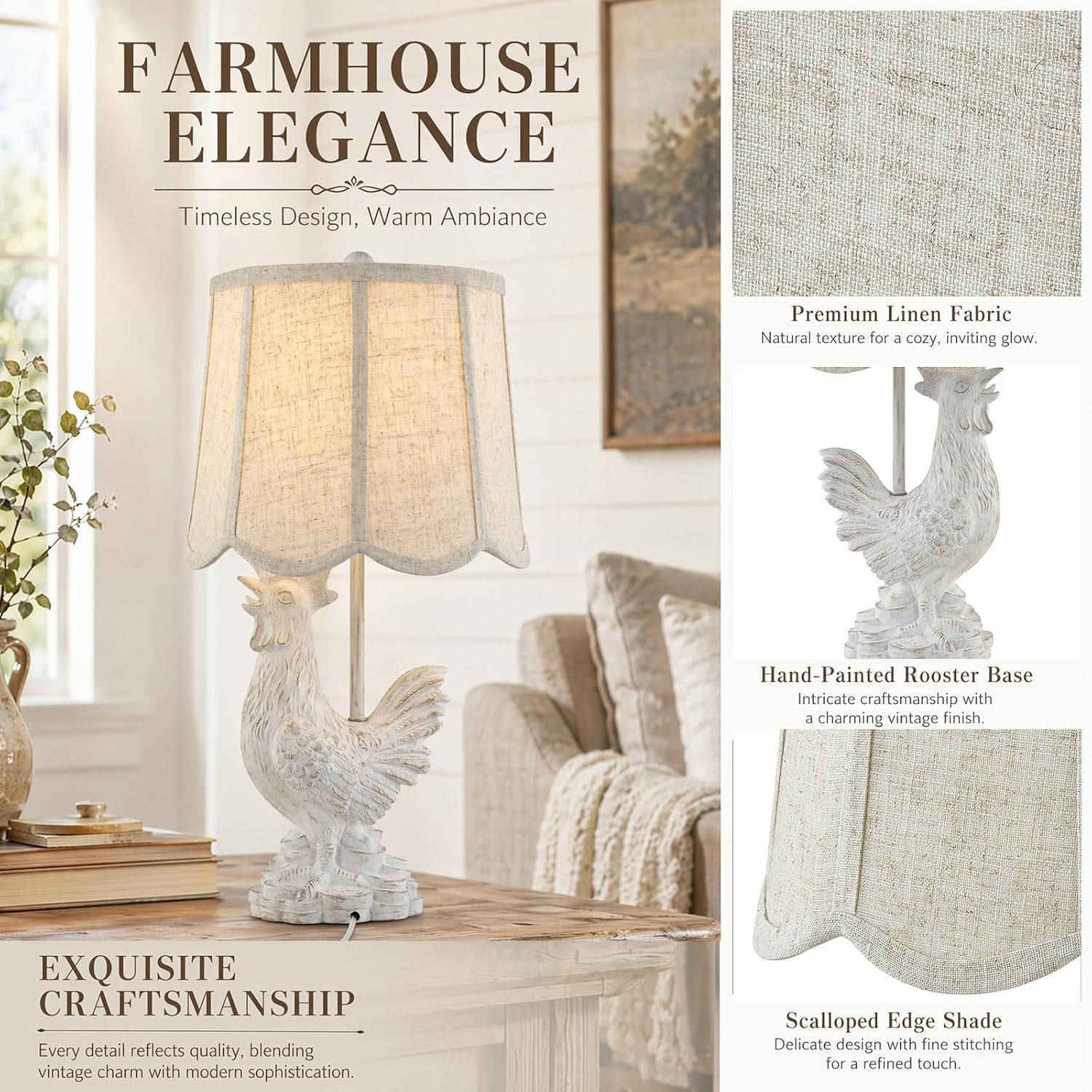Crestview Collection 21" White Resin Rooster Table Lamp with Oatmeal Linen Shade, Farmhouse Rustic Country Accent Lighting for Living Room, Bedroom, or Entryway