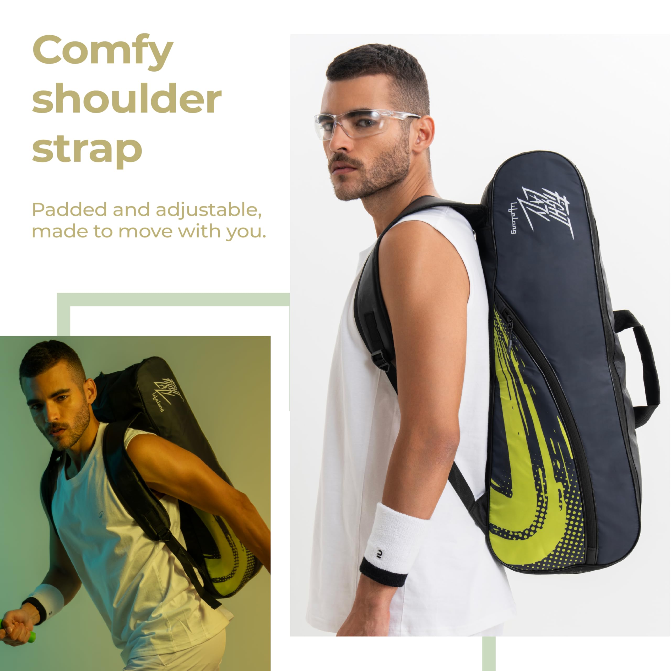 Lifelong Polyester Badminton Kit Bag for Men & Women | Dual Compartment, Personal Care Pouch | Water-Resistant, Soft Pads, Adjustable Strap | for Badminton, Gym & Outdoor Use (Black & Green) 1
