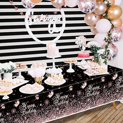 Miniatura 7 de Mantel de plástico color oro rosa negro (paquete de 4), manteles de fiesta de 86 x 51 pulgadas para suministros de fiesta de cumpleaños con temática