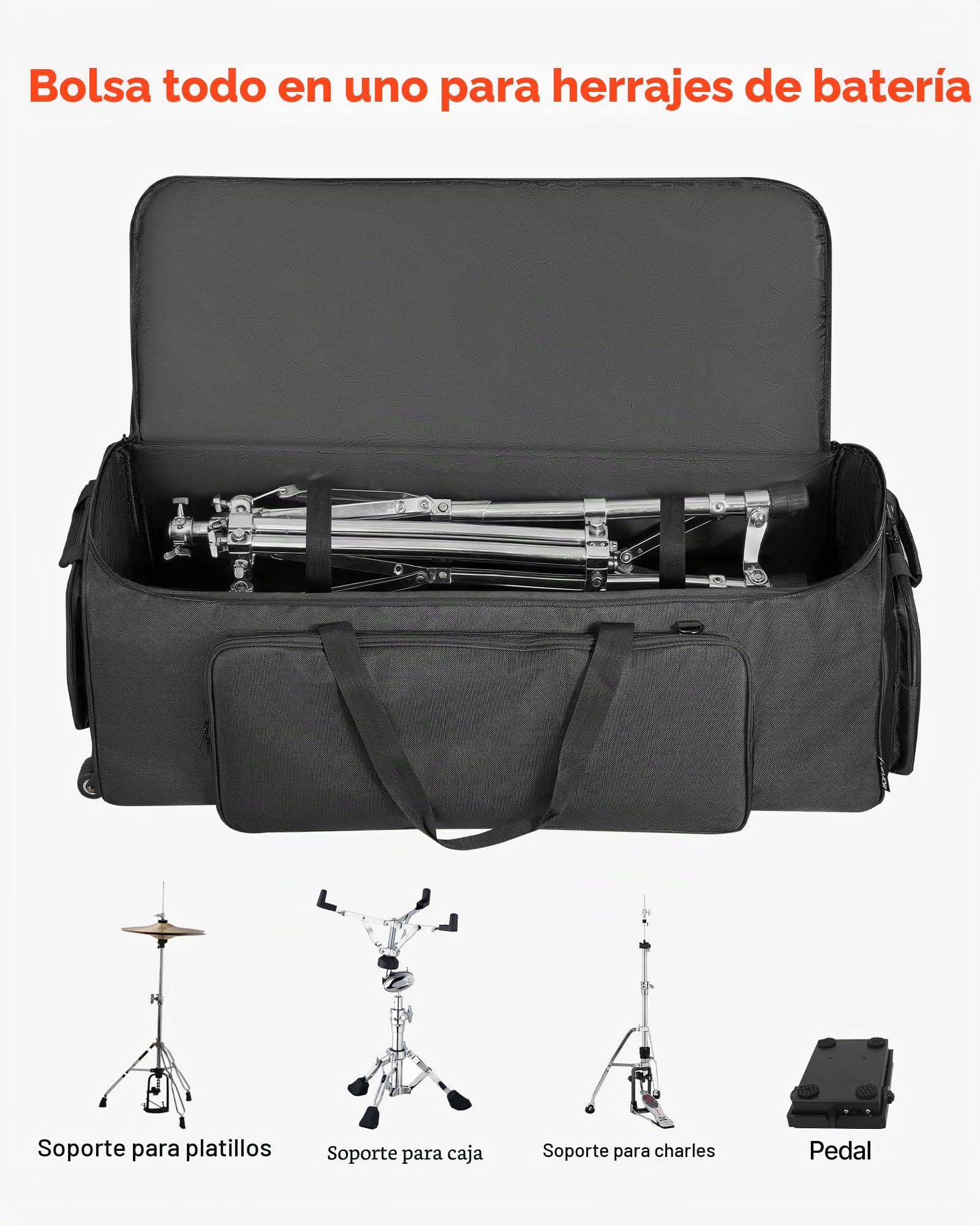 VEVOR Bolsa de Transporte para Herrajes de Batería, 90 x 35 x 32 cm, Funda para Hardware de Batería con Ruedas Correa de Hombro, 1680D Impermeable Antichoque, para Soportes Pedal Accesorios, Negro
