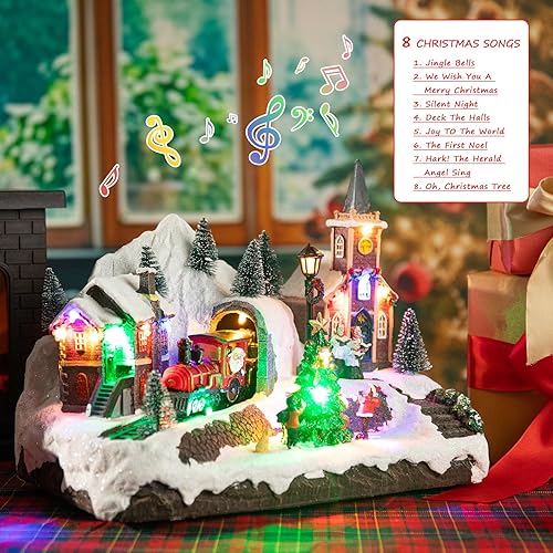 Miniatura 5 de Decoración de edificios de pueblo navideño, edificios coleccionables de Navidad, pueblo musical de Navidad, Papá Noel en tren con luces LED y 8