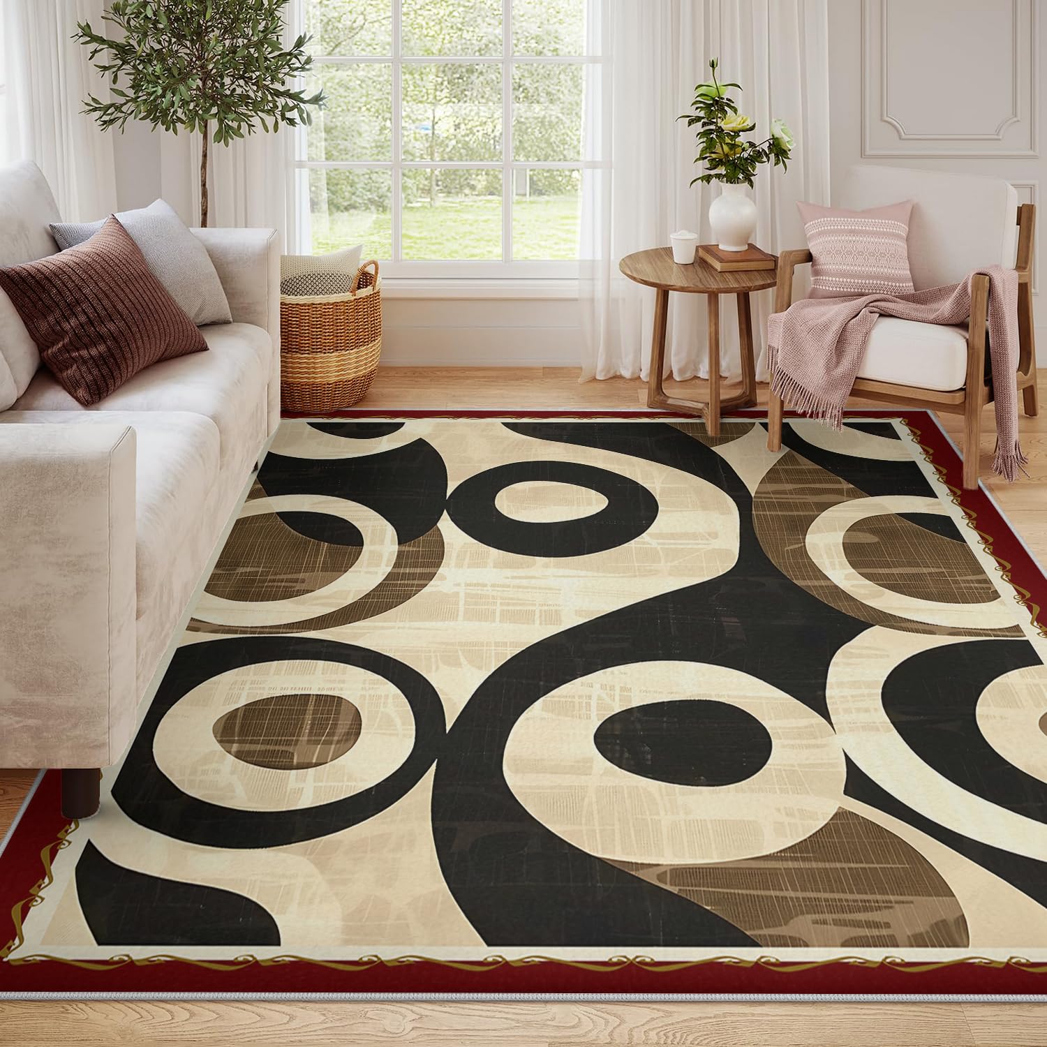 120x180 Waschbarer Teppich für Wohnzimmer Niedrigprofil-Kreis-Geometrische Flächenteppiche ultradünne abstrakte Teppiche Schlafzimmer modern rutschfest Bodenteppich leicht