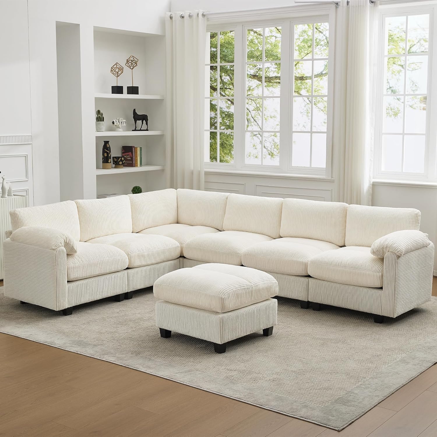 114” V-Shaped Sectional Cloud Couch with Ottoman, 7-Seater
