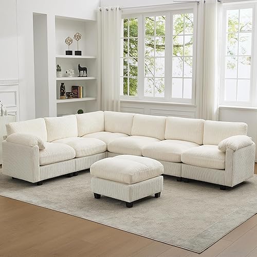 Sofá nube seccional en forma de V de 114 pulgadas con otomana, sofás modulares de 7 plazas para sala de estar, sofá de pana de gran tamaño con