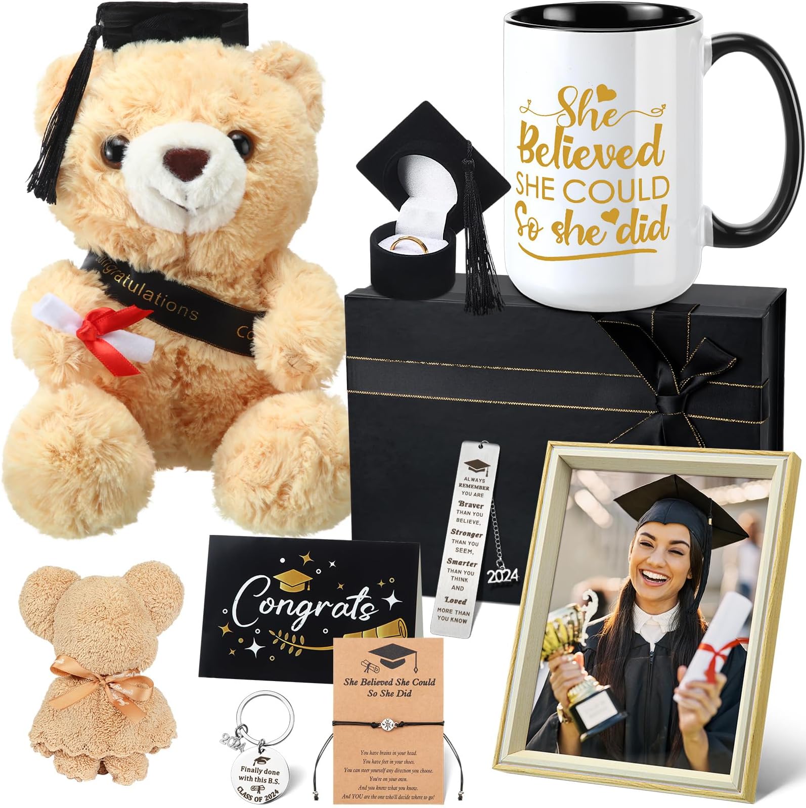 10 Pcs 2025 Graduation Gifts Set for Him Her Include Coffee Mug Bear Greeting Card Towel Bear Keychain Graduation Cap Shaped Ring Box Photo Frame Bracelet Bookmark for Graduated Women Girl