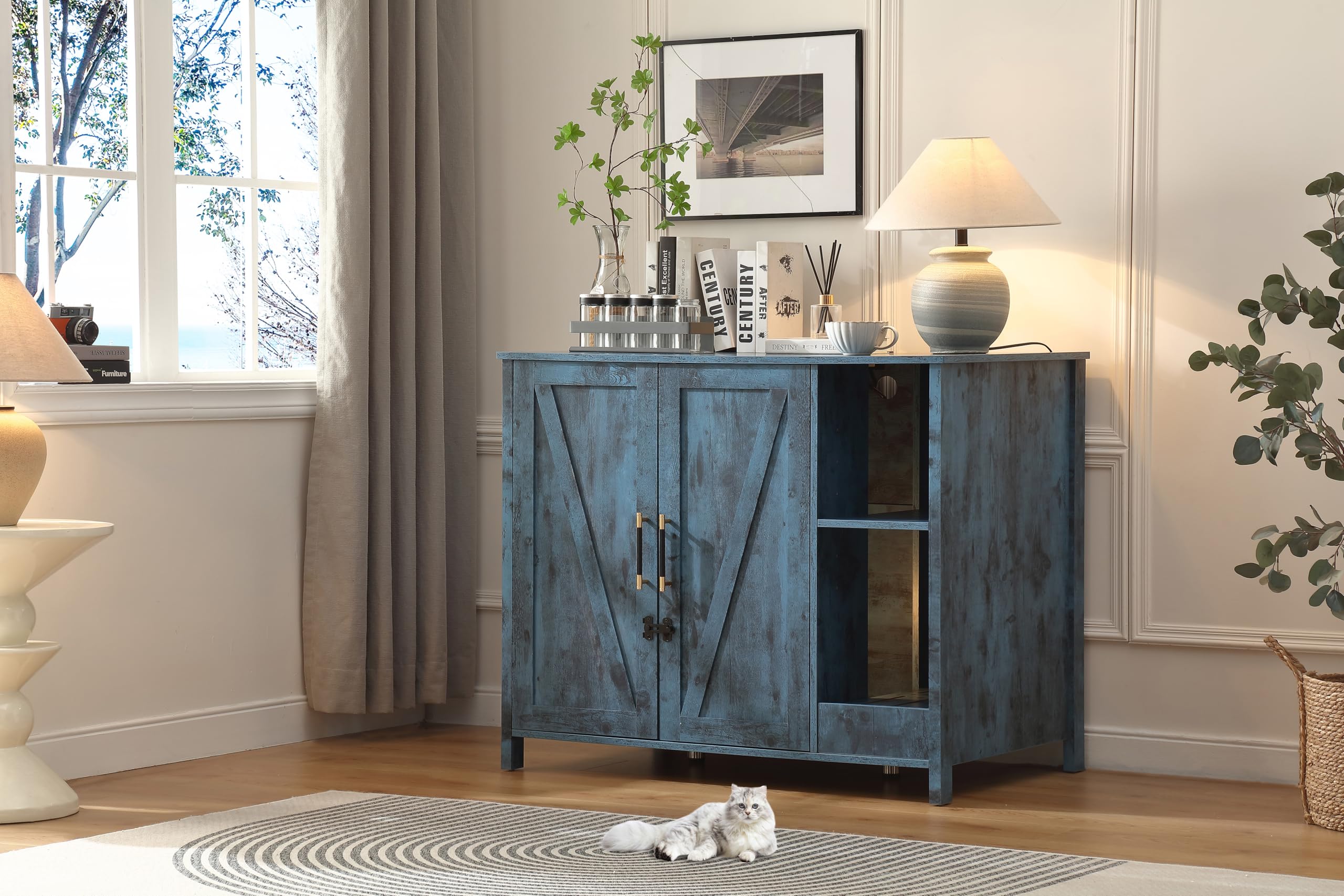 Forest Gravity Large Cat Litter Enclosure With Litter Collector, Enclosure for self-Cleaning Litter Boxes,Adjustable Shelf for Dog Proof and Storage,charging station,Locks Added for cat,Cat House,Blue