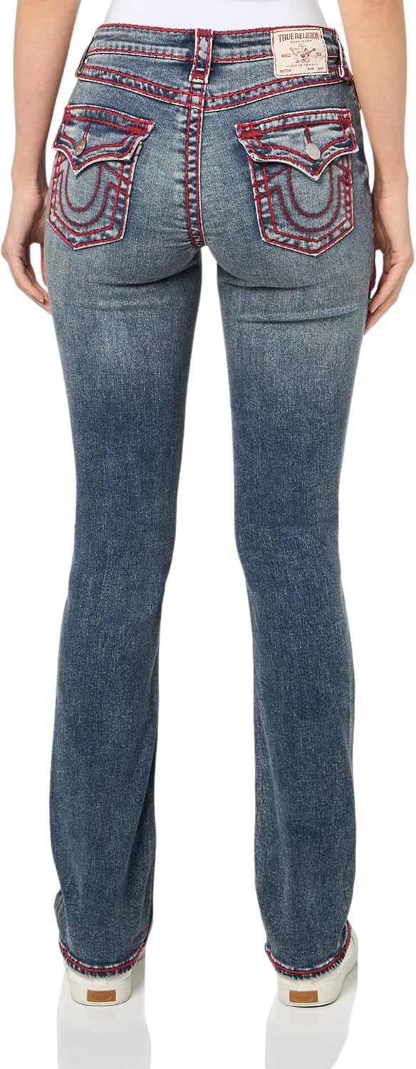 True Religion Women's Billie Mid Rise Straight Jeans with Flap Pockets and Super T Stitching