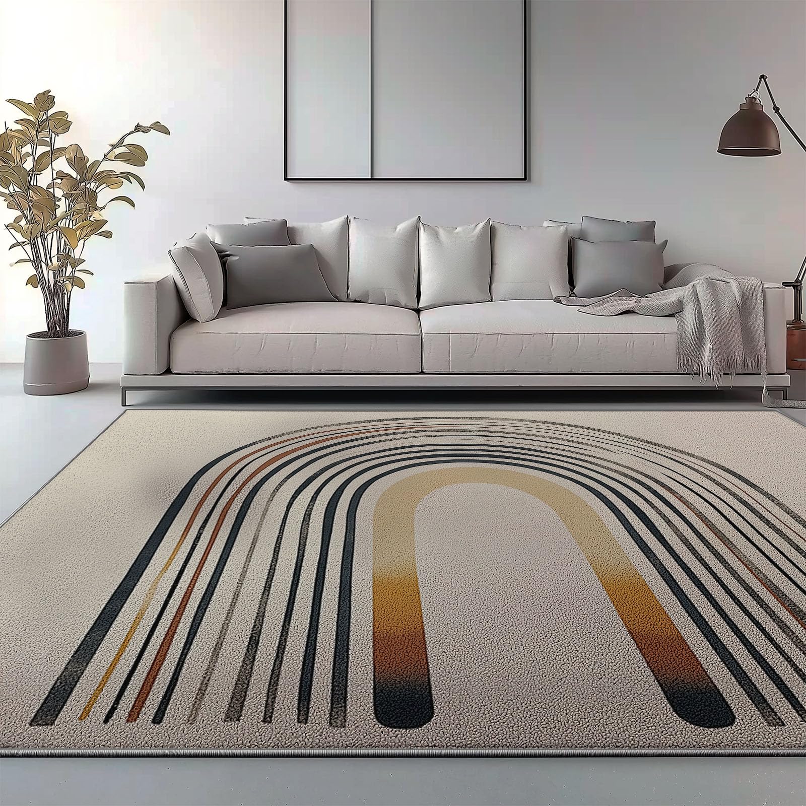 Tapis Beige Bohème Minimaliste Lavable Poils Courts