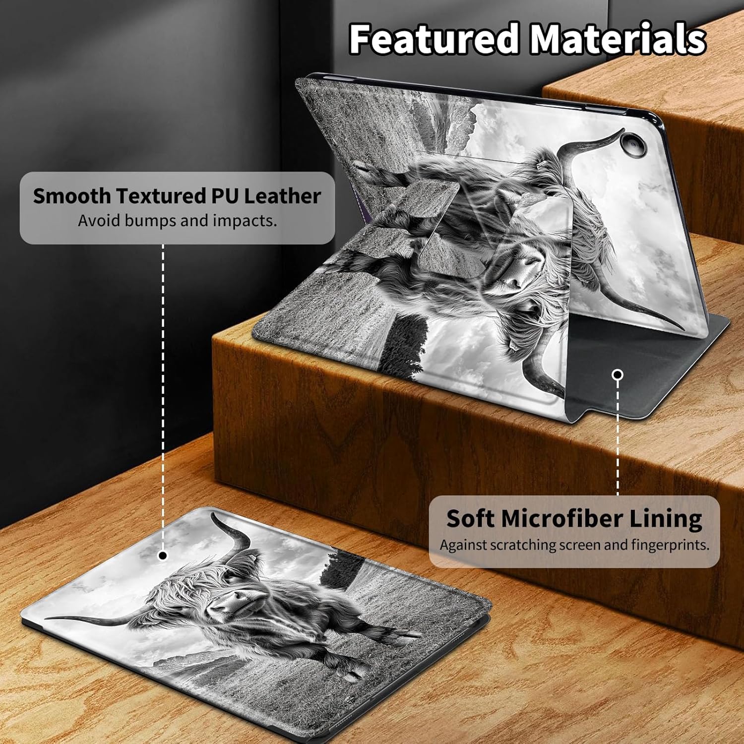 Case for Kindle Fire 7 Tablet Case 7 Inch (9th/7th/5th Generation,2019/2017/2015 Release),360 Degree Rotating Swivel PU Leather Stand Folio Cover with Auto Wake/Sleep,Black Cute Cow