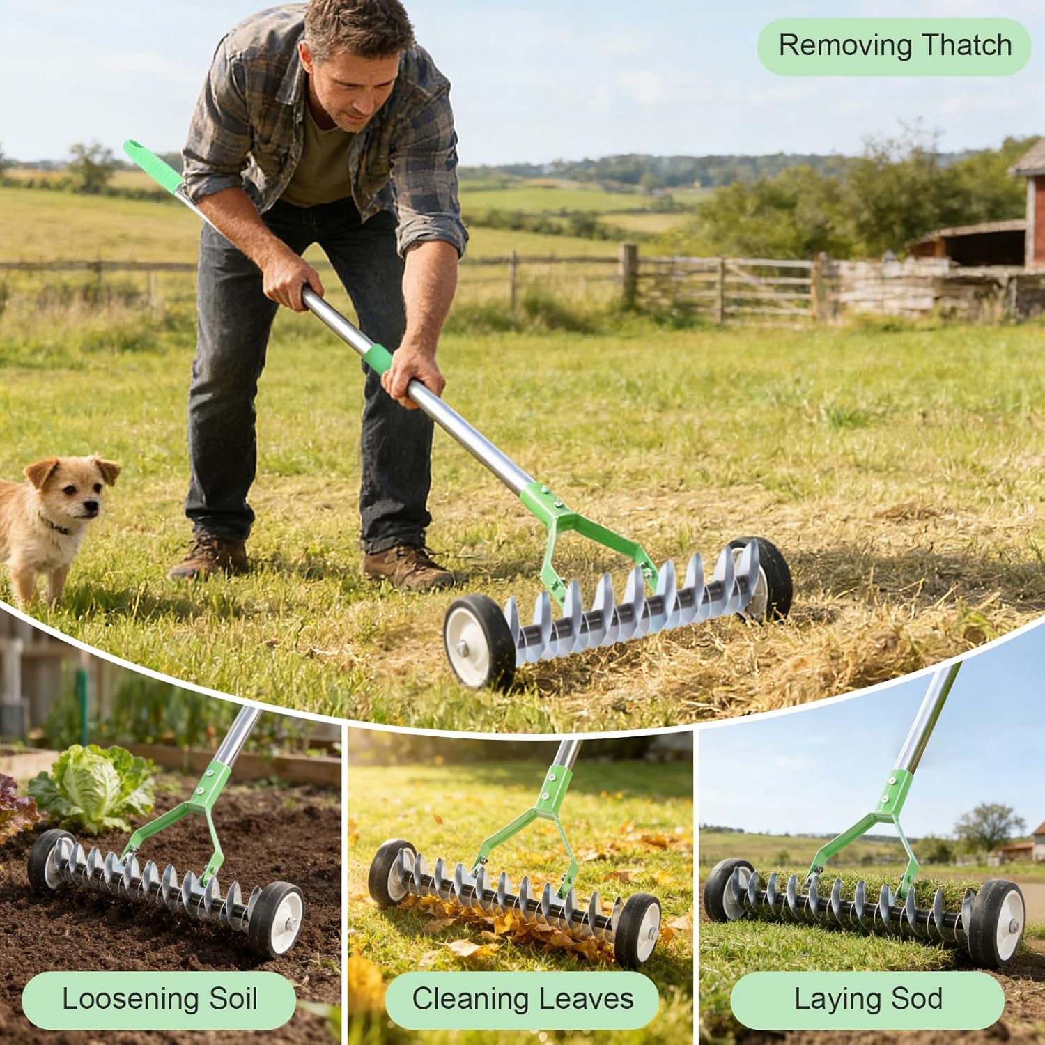 Adjustable Lawn Thatch Rake with Wheels - Comes with Protective Gardening Gloves - Ergonomic Dethatcher Rake for Lawn Care - Heavy Duty Carbon Steel Rust Resistant