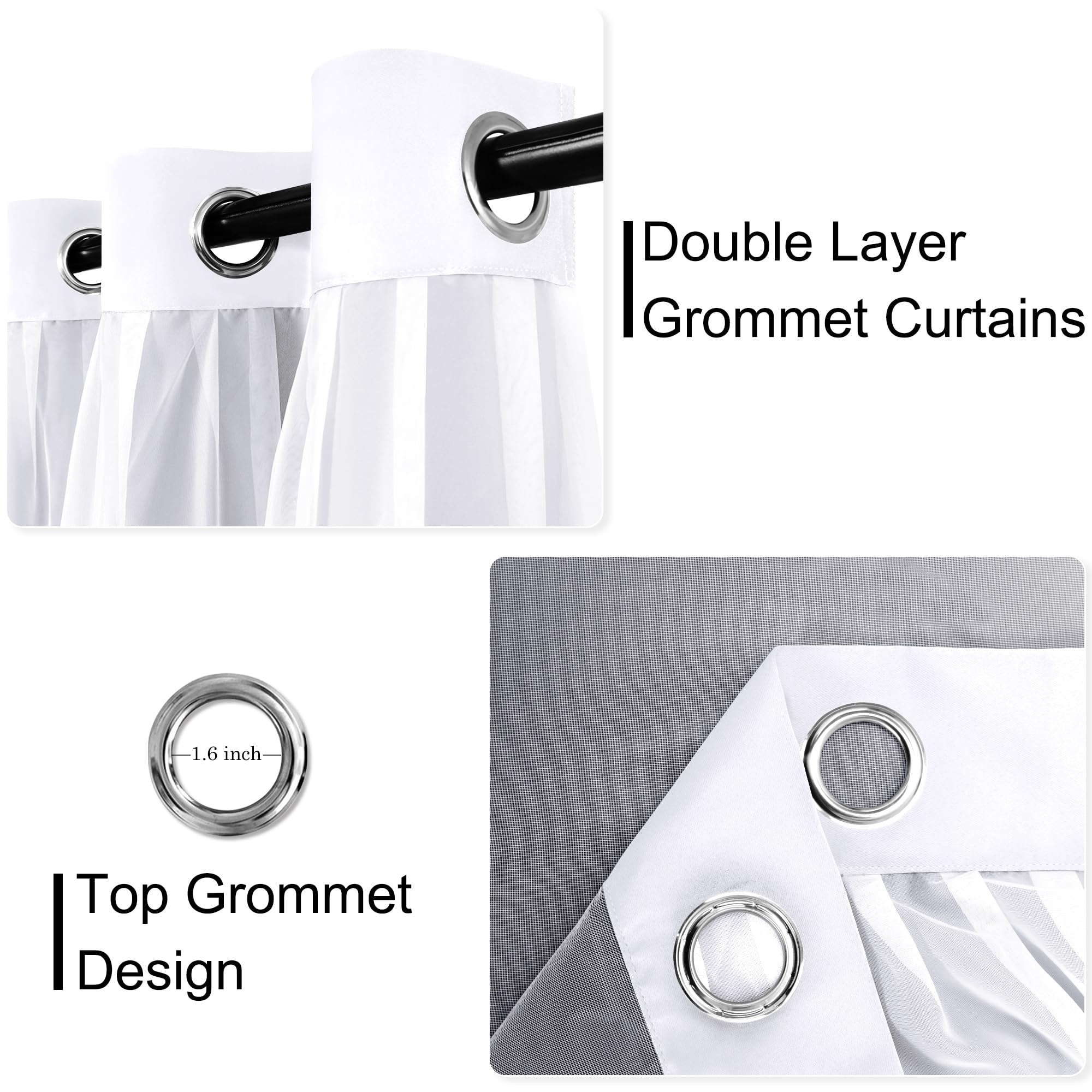 XWZO Cortinas blancas de doble capa, cortinas 100 % opacas con superposición transparente para guardería, sala de estar, habitación de los niños, cortinas de privacidad con aislamiento térmico y