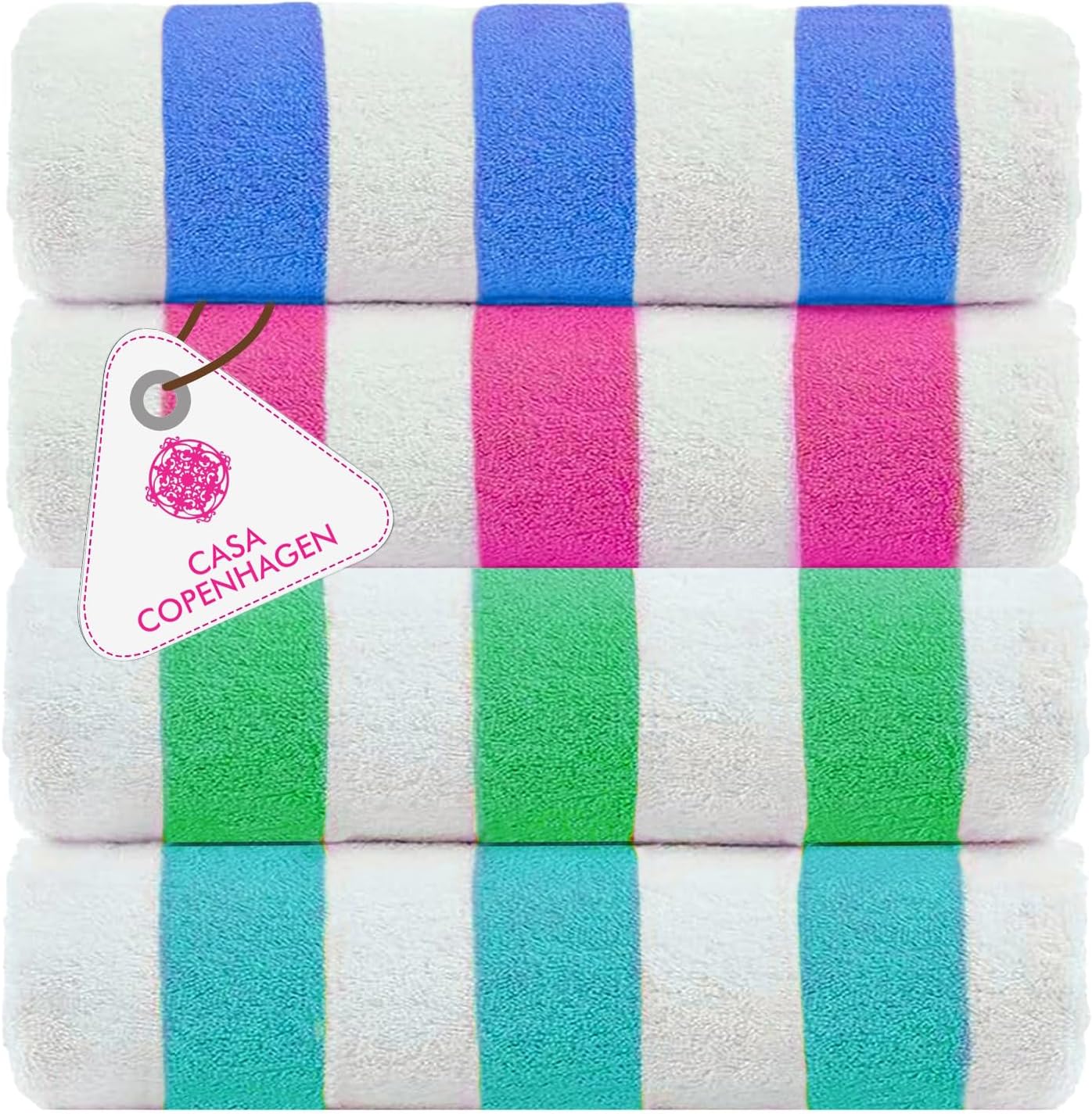 Casa Copenhagen Cabana 4-Pc Oversized Beach Towel Set 30x60 100% Egyptian Cotton Striped Teal Blue Pink Green