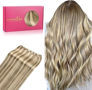 WENNALIFE Sew in Hair Extensions Real Human Hair, 18 Inch 90g Ash Brown with Platinum Blonde Highlights Machine Weft Remy Hair Hand Tied Weft Straight Extensiones De Cabello Hmano
