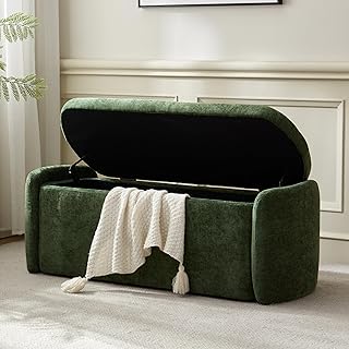 VKNOW Storage Bench, Upholstered Storage Ottoman Bench with Hinge, Green | Ottoman Bench with Large Capacity, Curved Frame, Soft Fabric, Storage Bench for Bedro